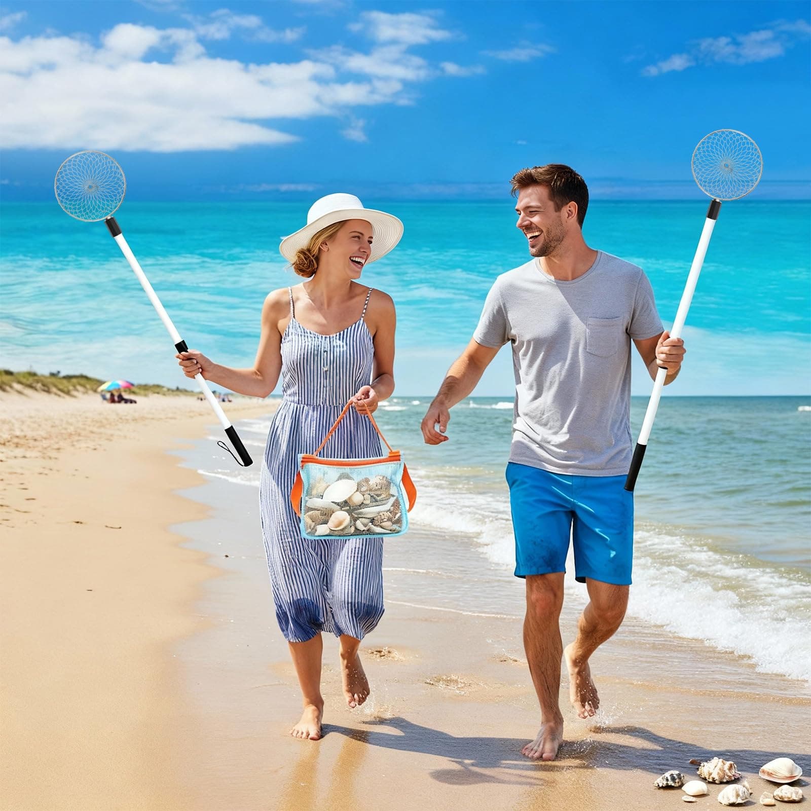 Liliful 6 Pcs Shelling Tools for Beach Include 2 Beach Sand Sifter with Adjustable Handle 2 Beach Mesh Shovel Sand Scoop 2 Mesh Shell Collecting Bag for Picking up Shell Shark Teeth Toy(Blue, Orange)