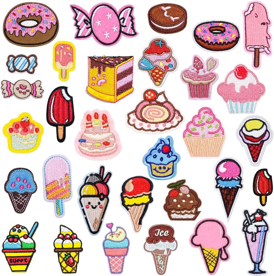 KASTWAVE 32 Pcs Cartoon Iron on Patch for clothes Ice Cream Embroidered Applique Patches Dessert Patches for Backpacks Sew on Patches Decorative Repair Patch for Clothes, Hat, Jeans, DIY Accessories