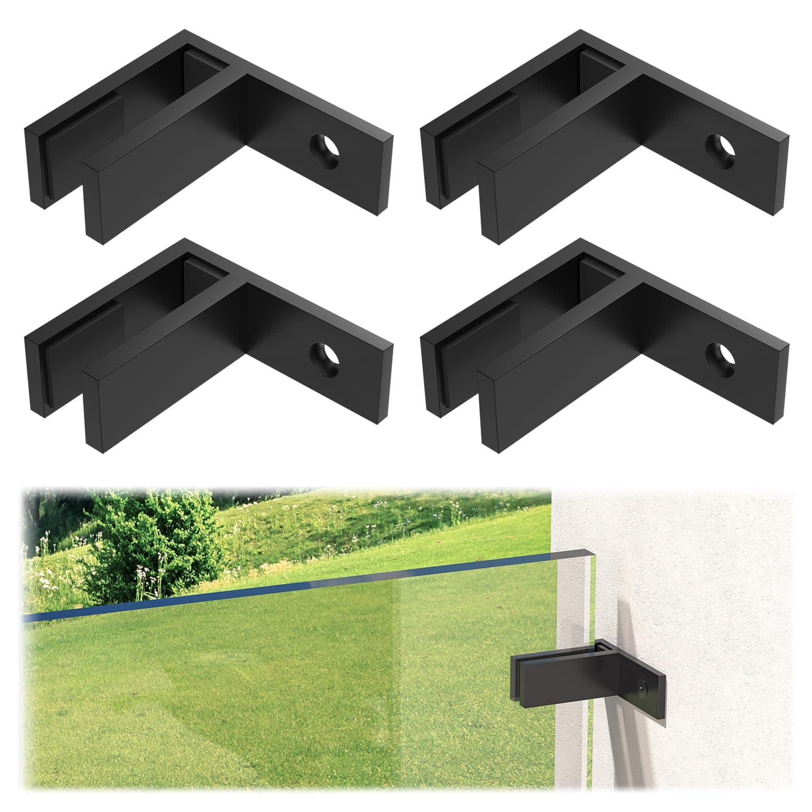 4 Pack Matte Black Wall to Glass Clamp 90 Degrees Glass Railing Clamp Fit for 3/8"-1/2"(10mm-13mm) Thinkness Balustrade, F Shape T304 Railing Clips for Fence, Balcony Deck, Indoor & Outdoor