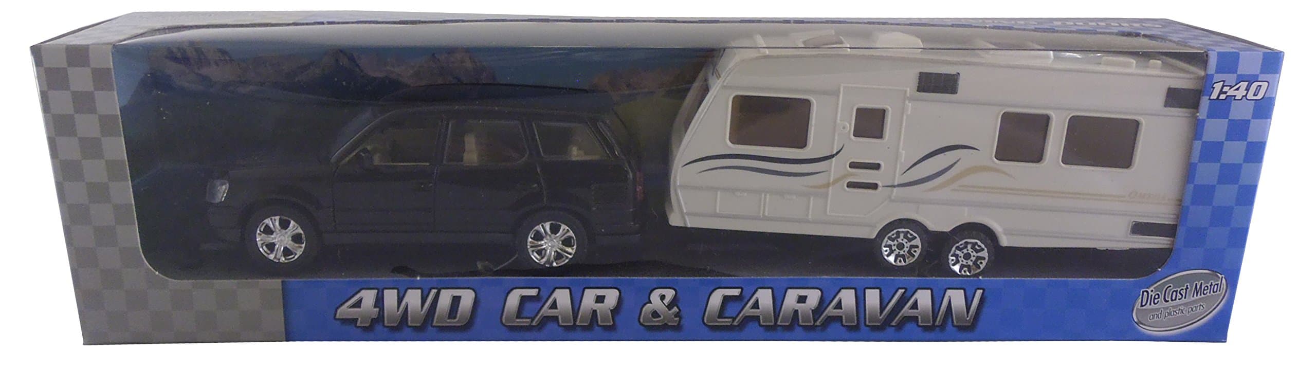 TRANZMASTERS Black 4wd Model Car Featuring Opening Doors With Caravan - Diecast + Plastic Model - 1:40 Scale