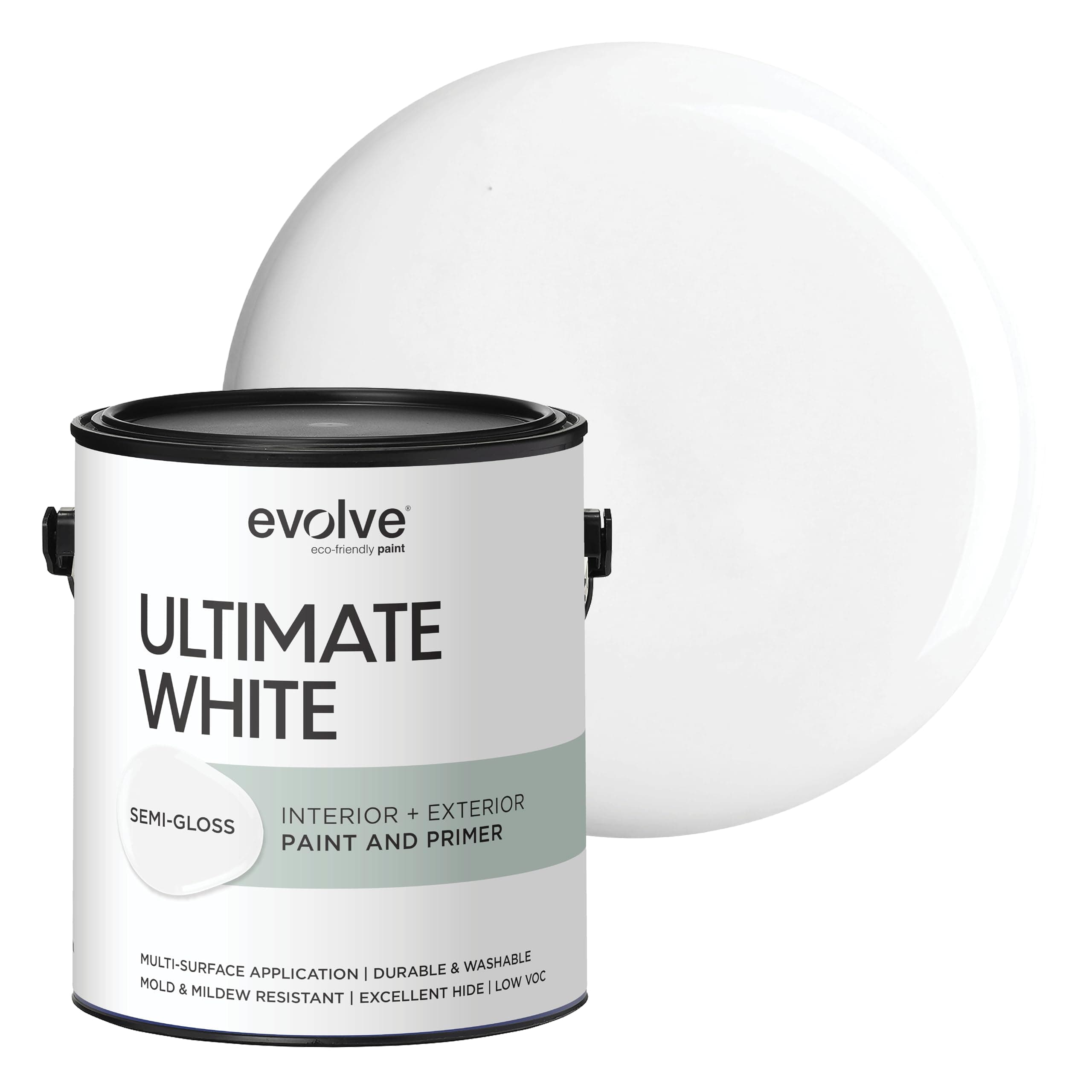Ultimate White Paint & Primer in One, Semi-Gloss White, 1 Gallon – Interior & Exterior, One-Coat Coverage, Excellent Hide, Low Odor, Low VOC, Washable Paint for Walls, Ceilings & Trim