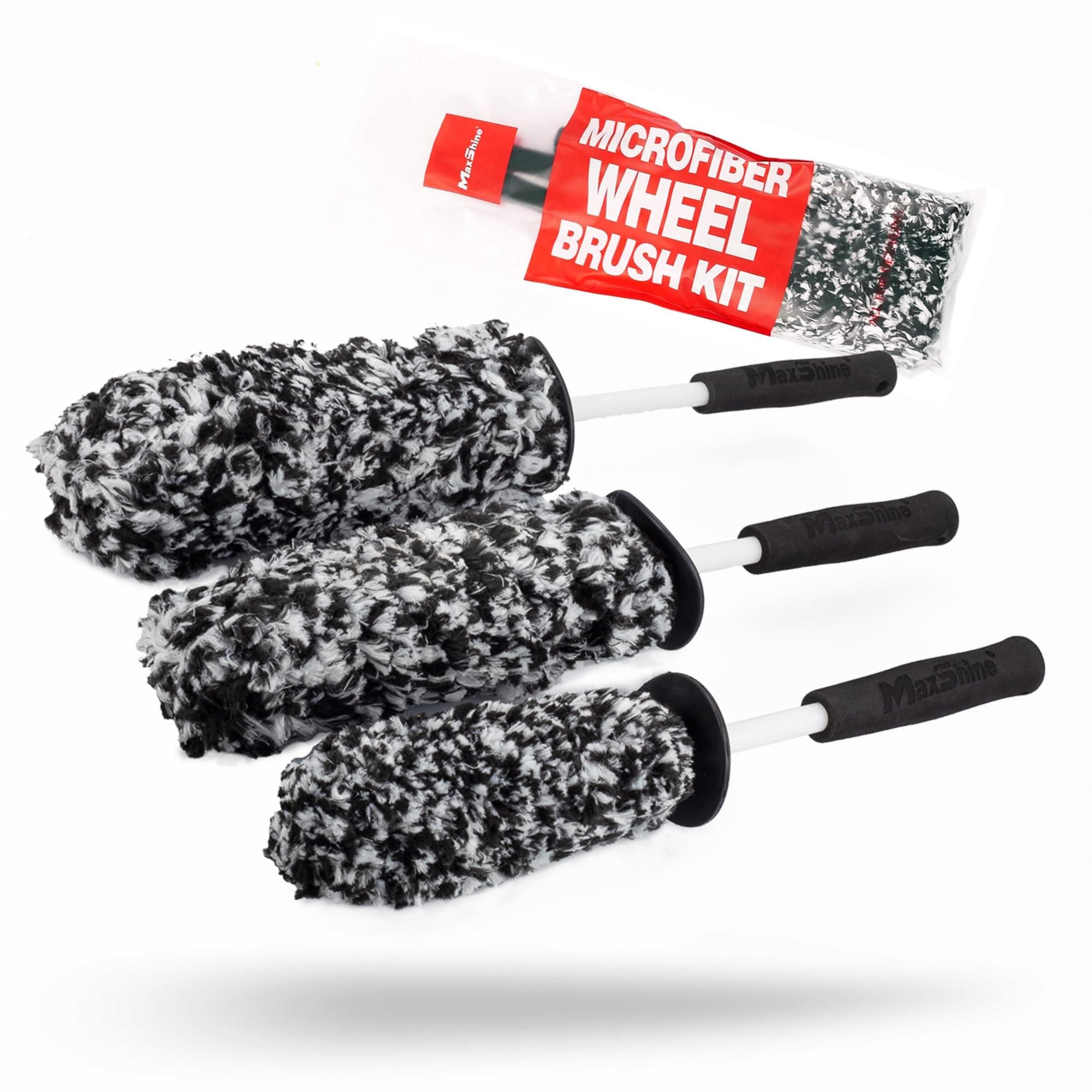Maxshine Universal 3-Piece Microfiber Wheel Brush Kit (Black) | 14”, 18” & 20” Sizes | Ultra-Soft Lint-Free Heads with Anti-Static | Versatile Car Wheel & Rim Cleaning Brushes for Auto Detailing