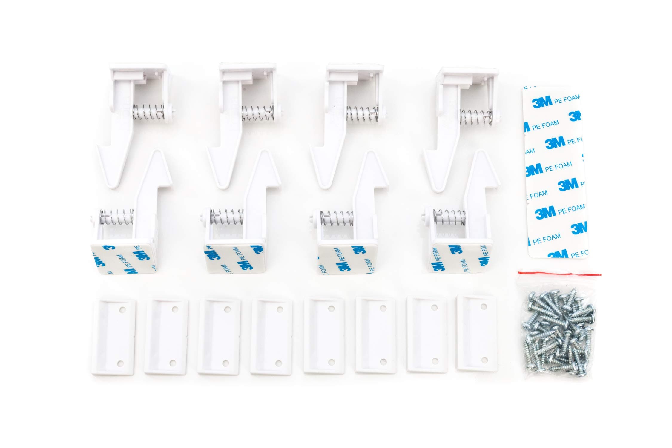 Spring Action Baby Proofing Cabinet Locks (8-Pack) - Easy to Install Child Proof Cabinet Locks, Tool-Free Installation - Optional Mounting Hardware and Extra Adhesive Included (White, 8)