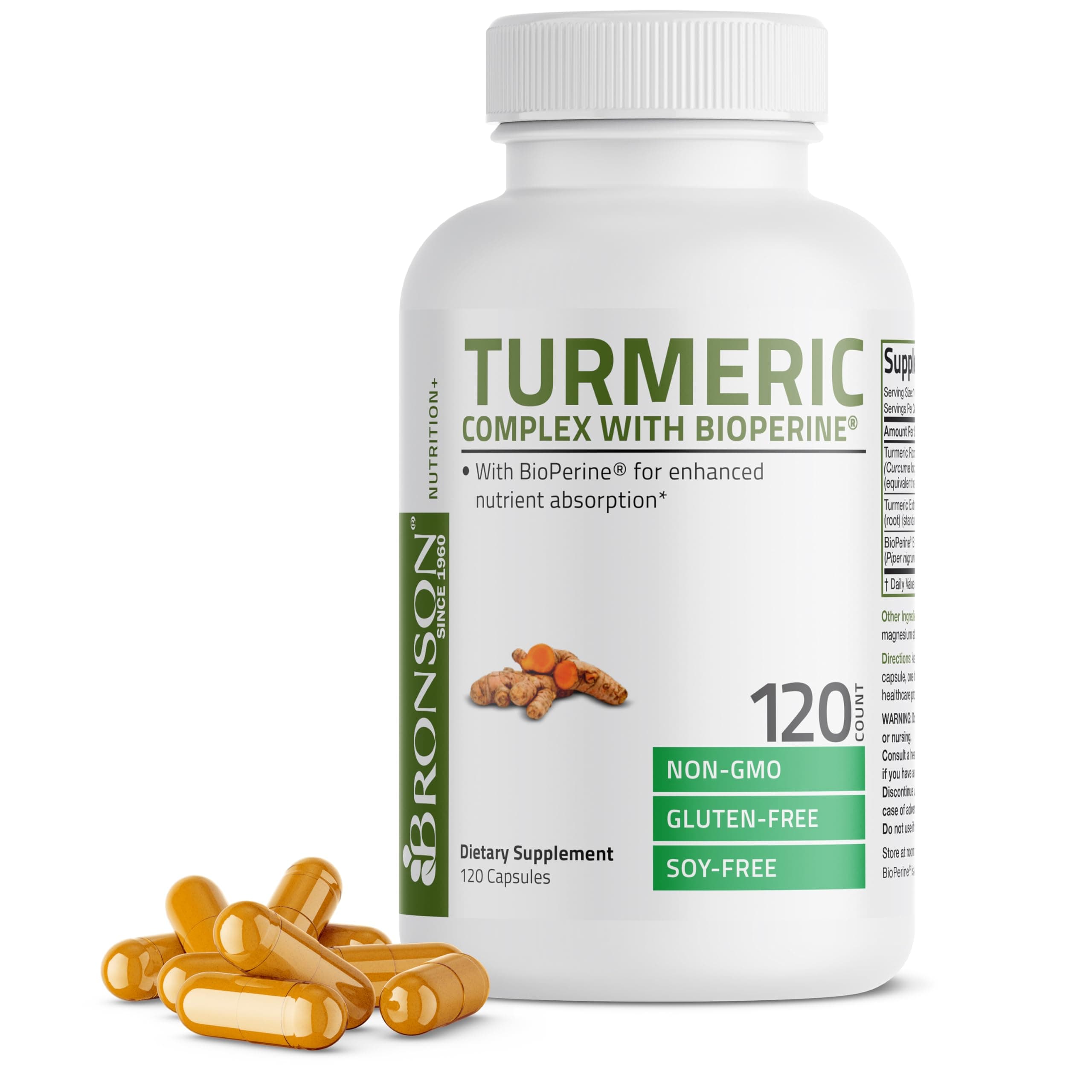 Bronson Turmeric Curcumin with BioPerine - High Potency Premium Joint Support with 95% Standardized Curcuminoids - Non-GMO Capsules with Black Pepper - 120 Count