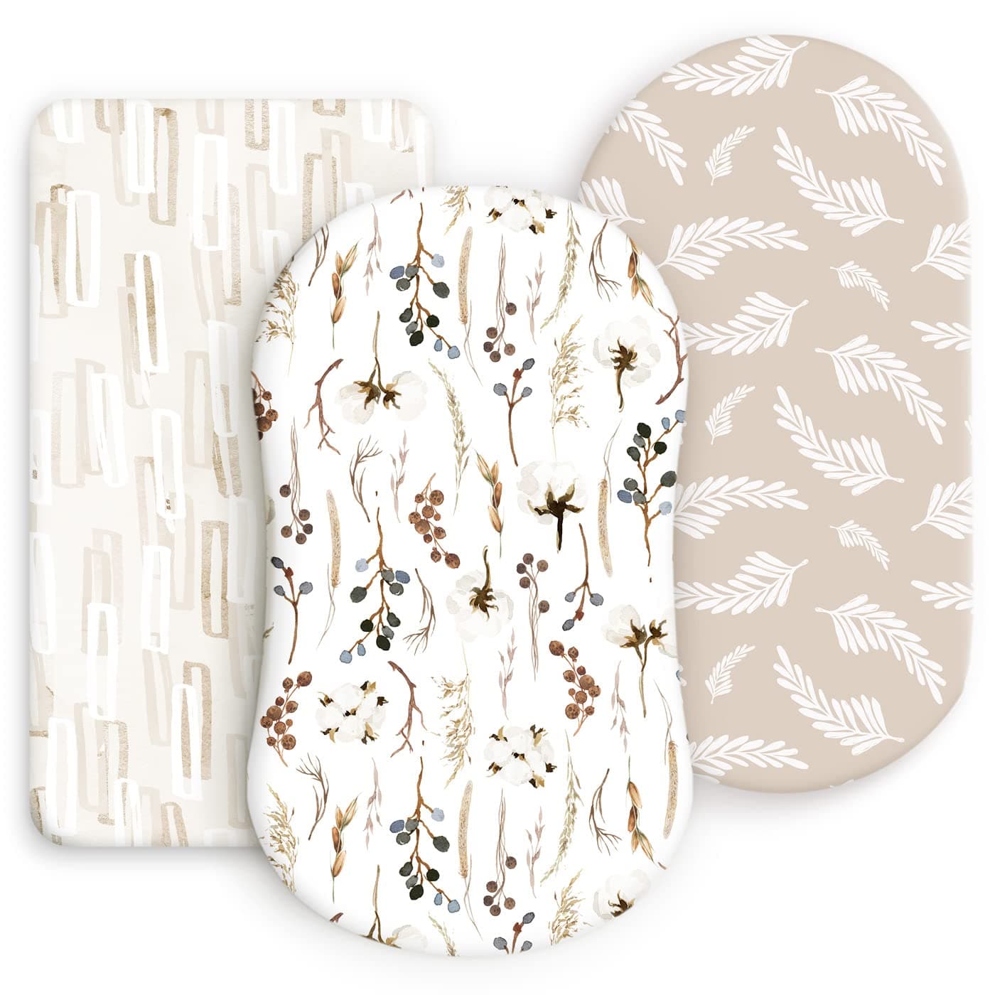 GRSSDER Stretchy Ultra Soft Fitted Bassinet Sheet Set 3 Pack, Universal Fit for Bassinets Baby Cradle Moses Basket Oval Rectangle Mattress Safe and Snug, Stylish Pretty Flora for Baby, Beige