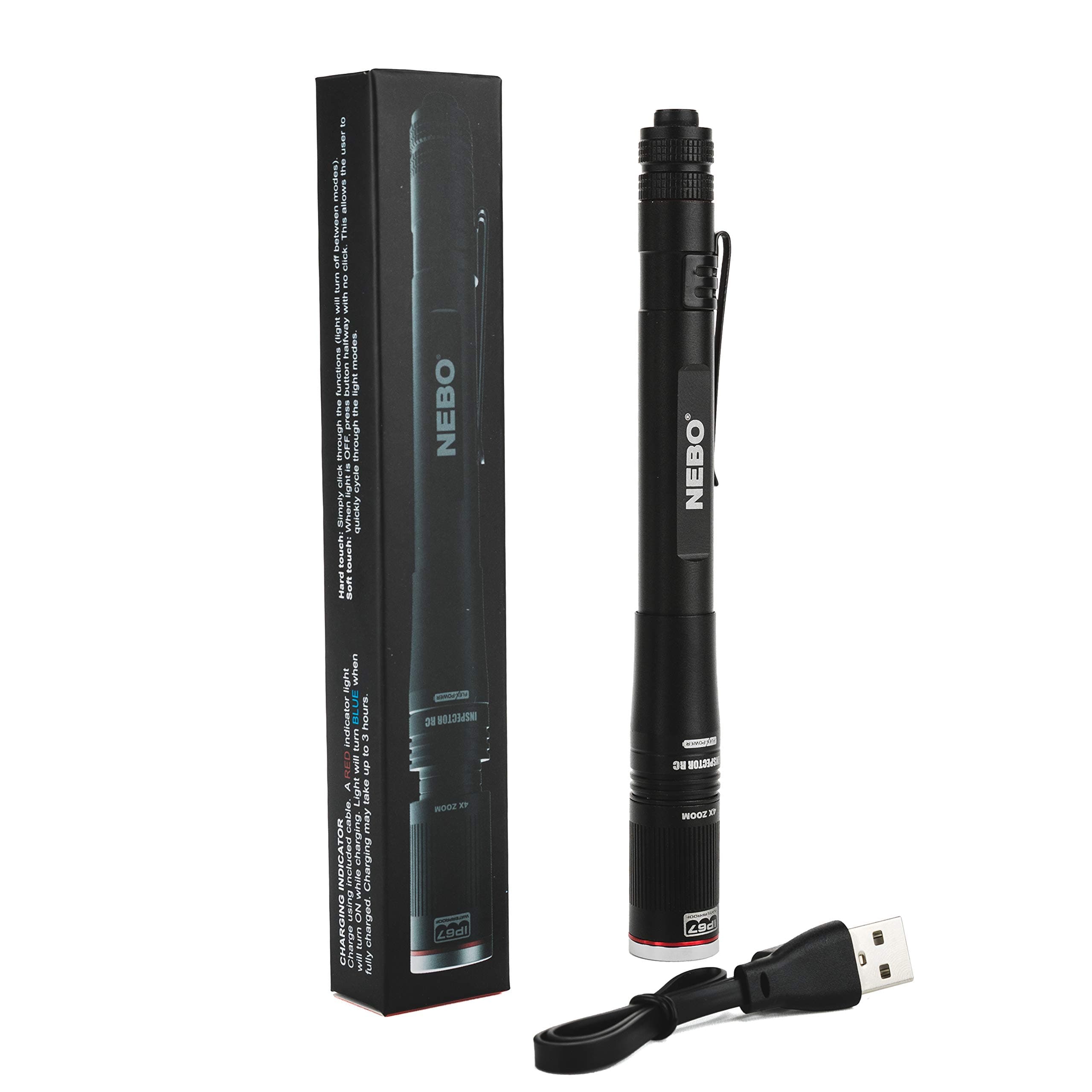 NEBO Rechargeable Pen Light Flashlight: 360-Lumens flash light, Features FLEX Power use AA batteries or included rechargeable battery, NEBO Inspector RC 6810 2-Pack