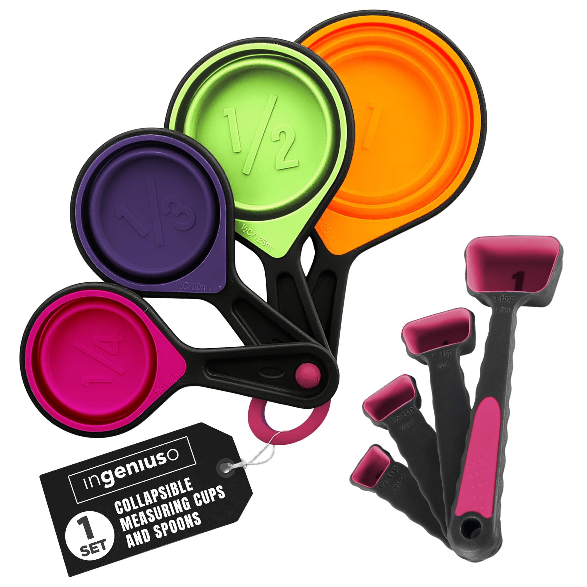 Collapsible Measuring Cups and Nesting Spoons - Adjustable Silicone for Cooking, used for Liquid and Dry Kitchen Items - Portable Portion Control, Dog Food, Kids, Travel, Camper, Space-Saving - 1 Set