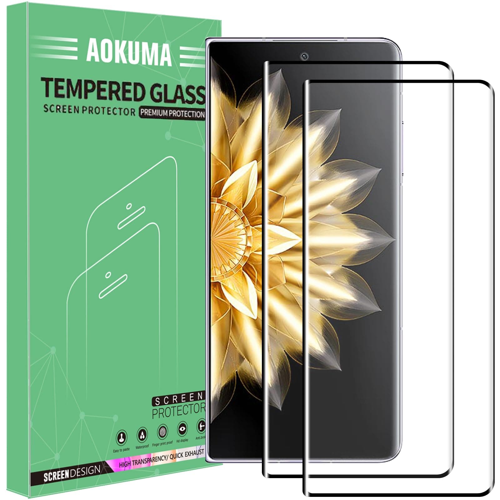 AOKUMA Tempered Glass for Honor Magic V2 Screen Protector, Premium 3D Curved Edge Guard Film, Edge to Edge Full Screen Cover, work with most case (Black Edge)