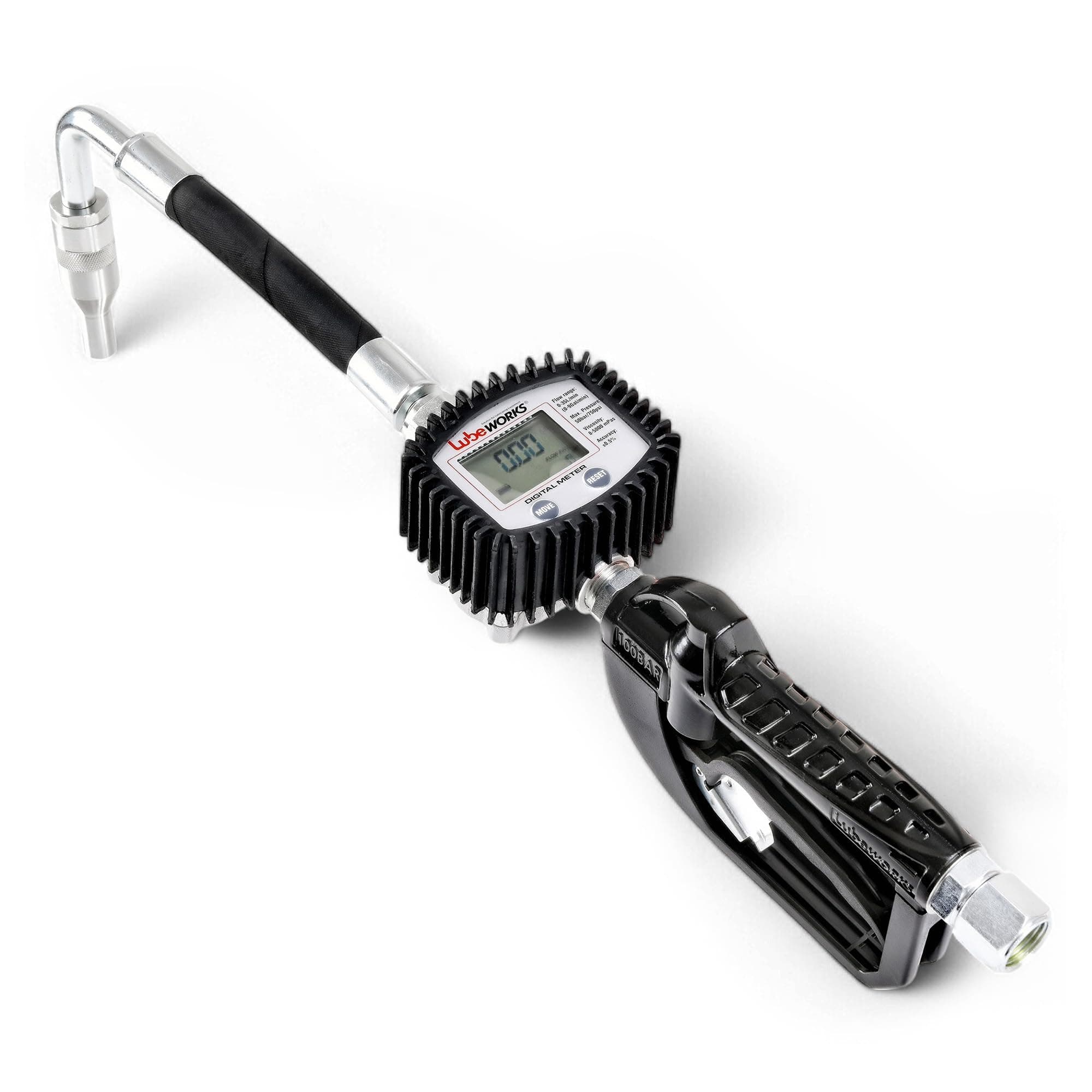 Lubeworks PRO Digital Oil Control Valve Meter Nozzle 10 GPM / 35 LPM Heavy Duty Air Operated Pneumatic 1/2" inch BSP Inlet Pressure Range 7-725 Psi 5-50 Bar with Flexible Spout (Not for Gasoline)