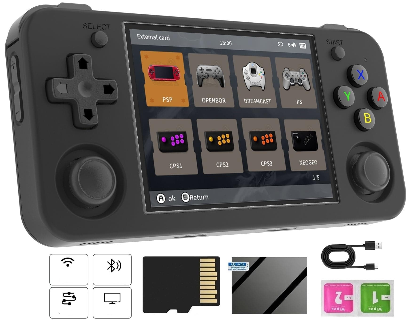 RG35XX H Retro Handheld Game with Linux System, RG35XXH 3.5 Inch IPS Screen Built-in 64G TF Card 5528 Games Support TV Output 5G WiFi Bluetooth 4.2(Transparent Black)