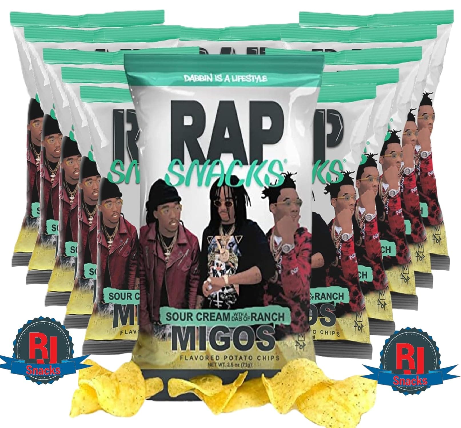 Rap` Snacks Potato Chips 1 oz (Curated by RJ Snacks Value Pack) (Pack of 12, Migos Sour Cream w a Dab of Ranch)