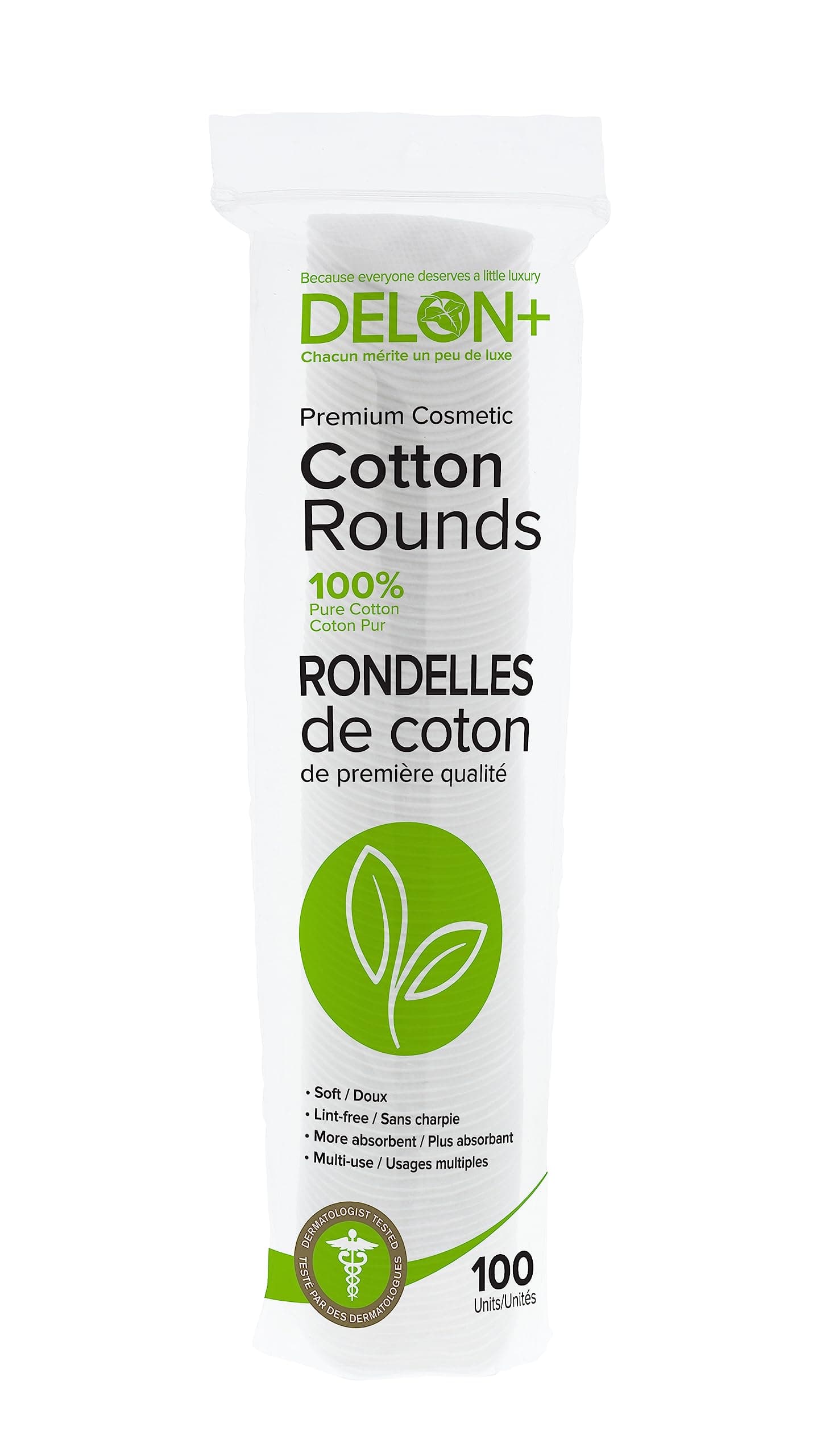Delon Premium Dual-Sided Cotton Rounds, 100 Count (Pack of 1) – Lint-Free, Hypoallergenic, 100% Cotton Pads for Makeup, Skincare & Nails – Made in Canada