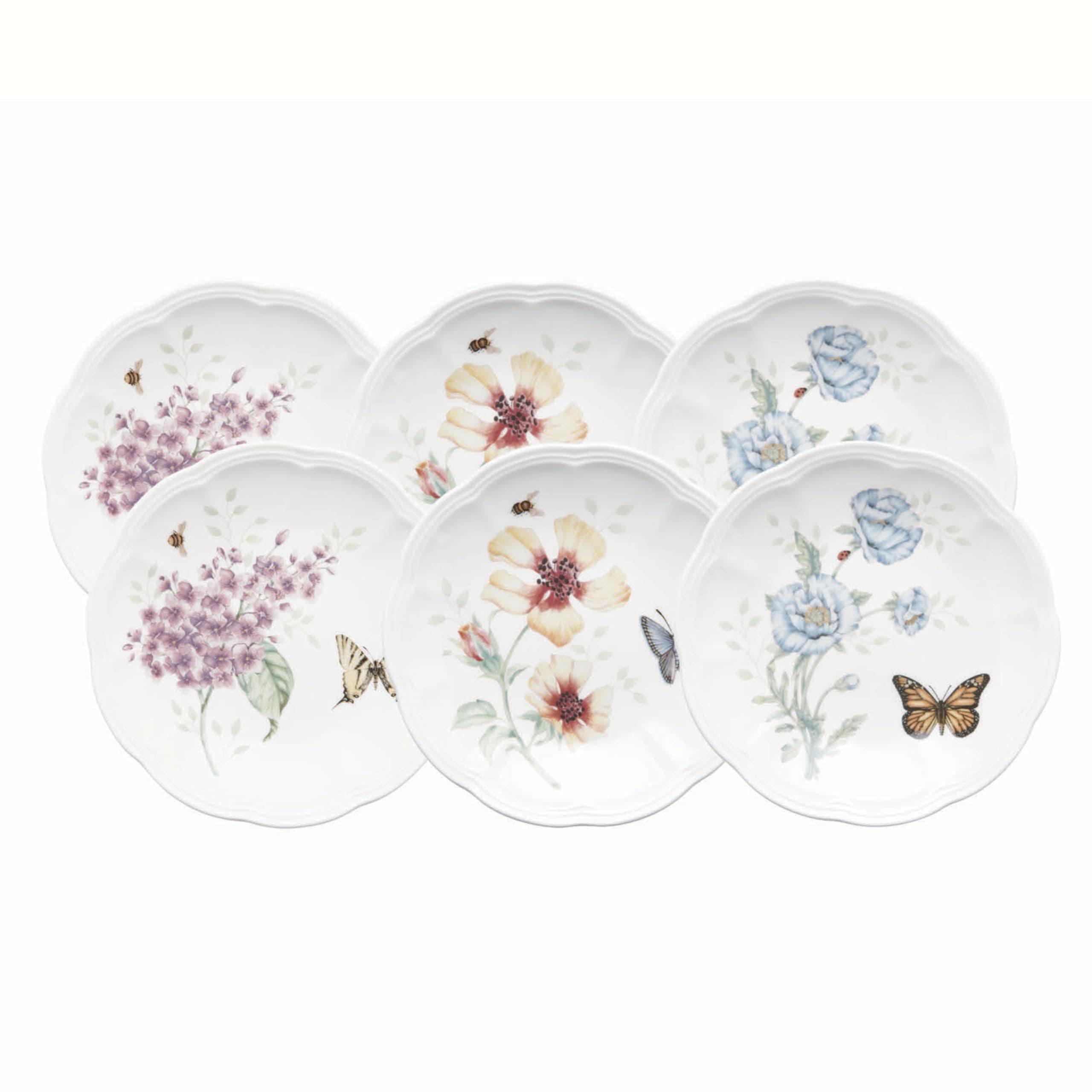 Dinnerware Set, Butterfly Meadow 6-Piece Tidbit Plate Set, Service For 6, Durable Porcelain Appetizer Plates, Dishwasher And Microwave Safe, Ceramic Plates, Salad Plate (Assorted, 6 Piece)