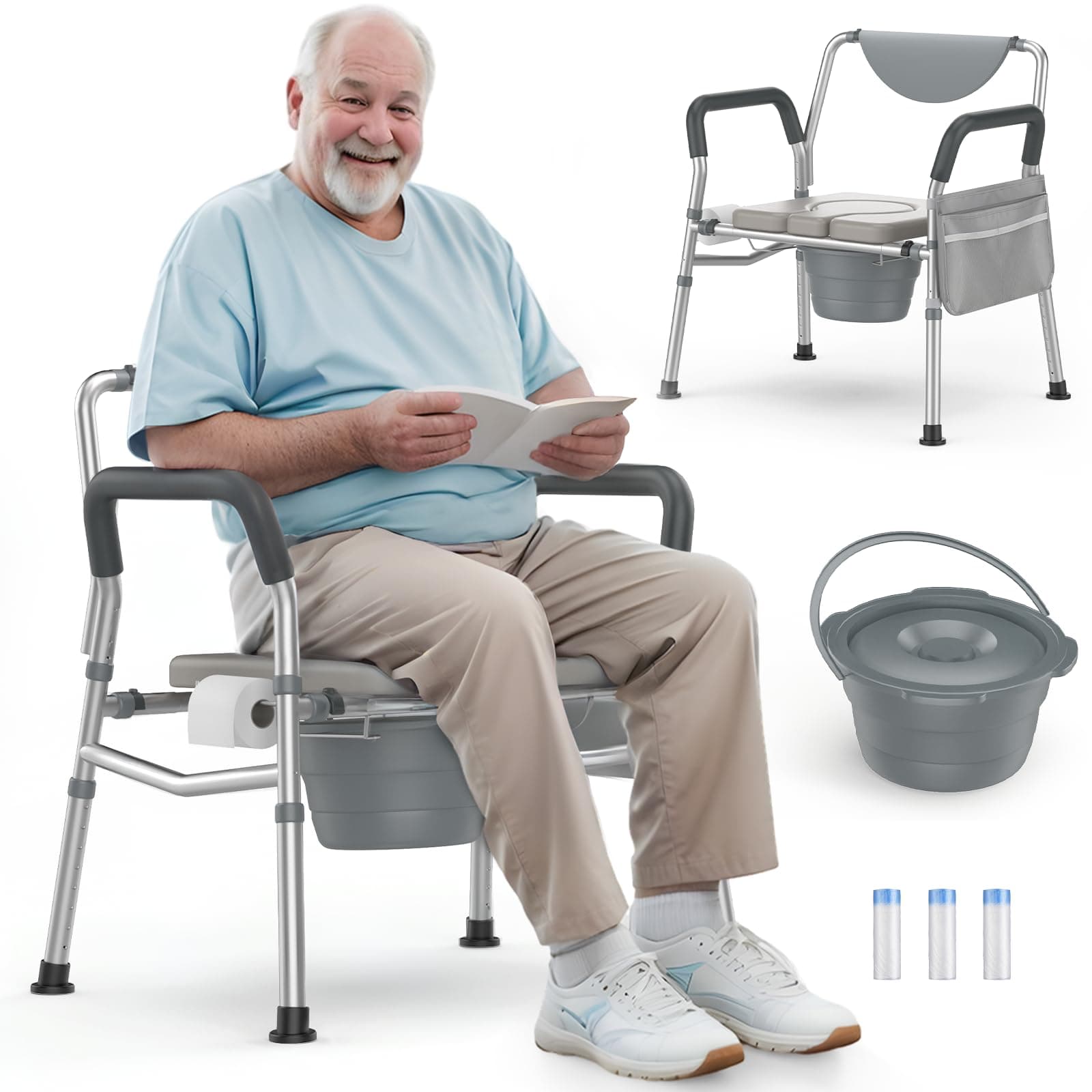 Heavy Duty Bariatric Commode, 4-in-1 Portable Bedside Commode or Over-Toilet Chair, Extra-Wide | Adjustable Height | Easy to Clean, Handicap Commode Chair for Eldery, Disabled People