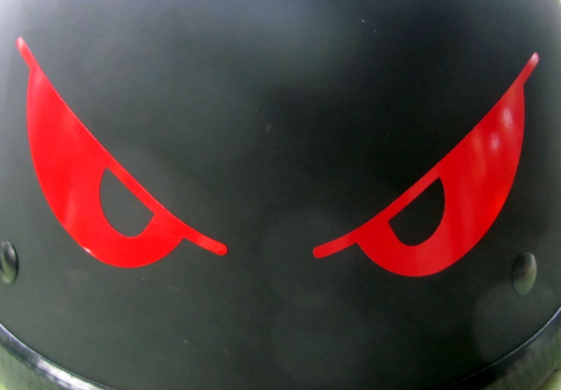 Reflective Evil Eyes in Red - 5 3/4" x 2"die cut vinyl decal for helmets, windows, cars, trucks, tool boxes, laptops, MacBook - virtually any hard, smooth surface