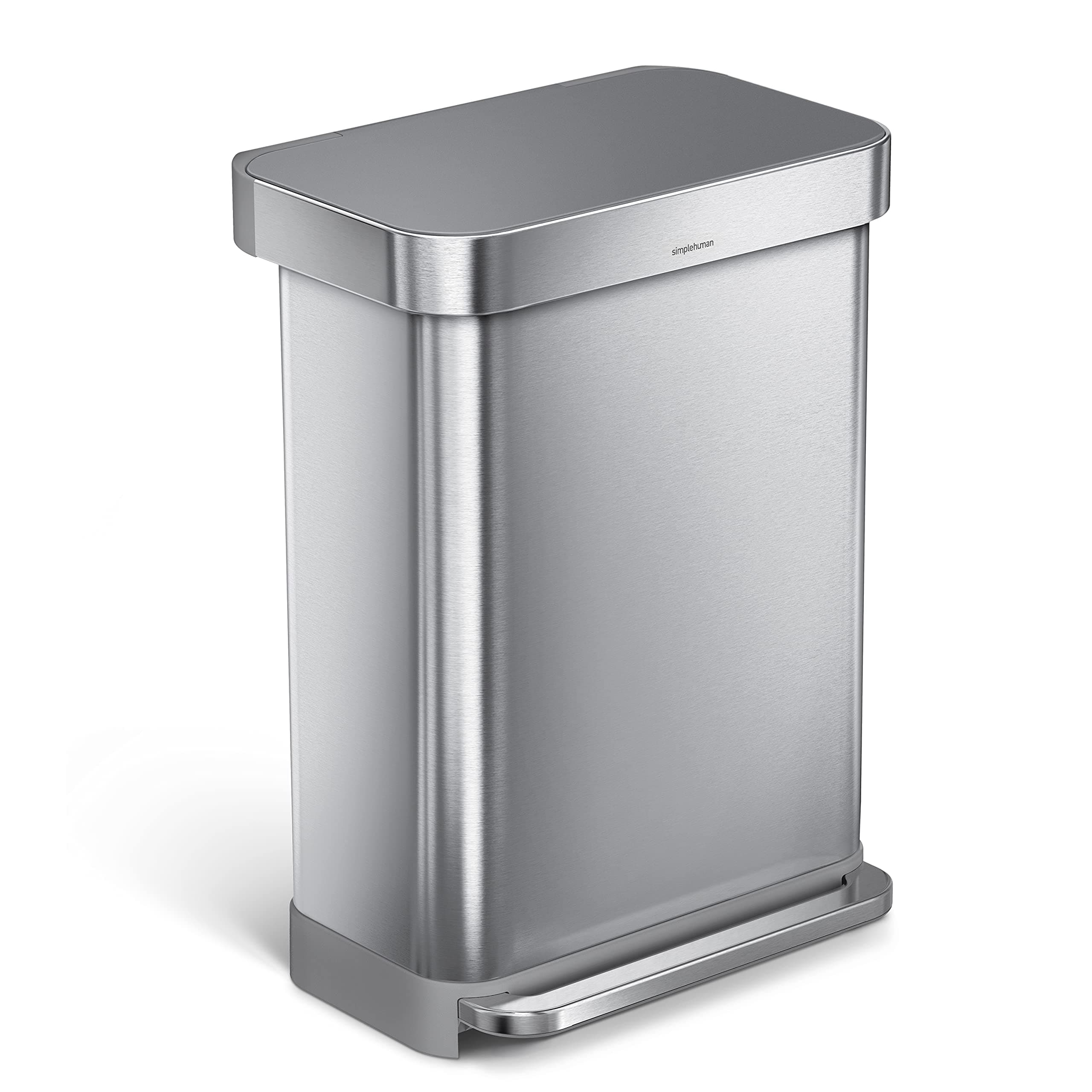 simplehuman CW2086 55L Rectangular Kitchen Pedal Bin with Liner Pocket, Silent Soft Close Lid, Strong Wide Pedal, Dent-Proof Plastic Lid, Brushed Stainless Steel with Grey Plastic Lid