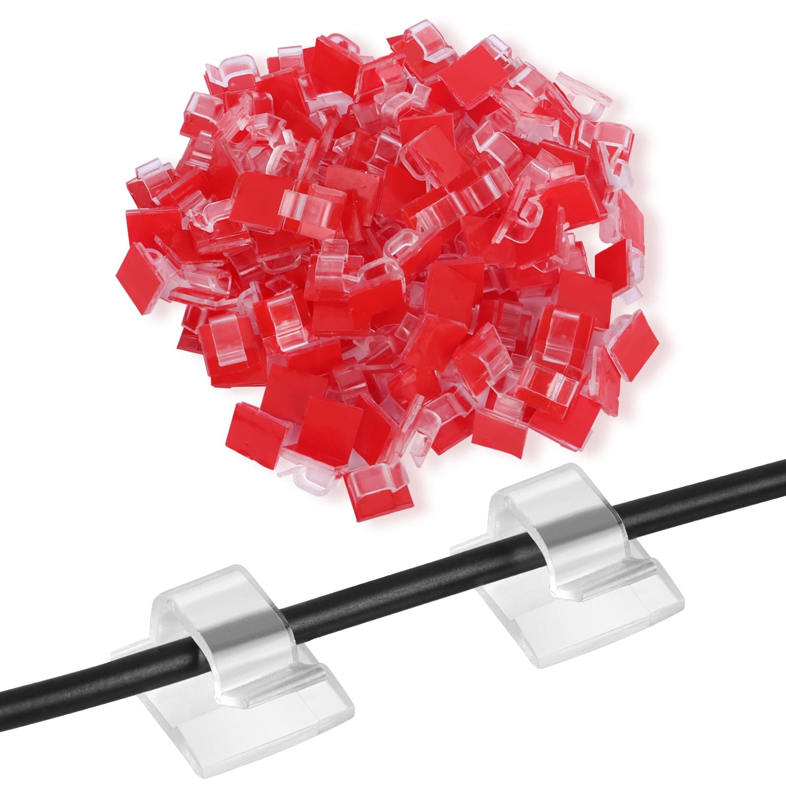 Minicoco Adhesive Cable Clips Outdoor Light Wire Clips, Cable Tidy Hooks Cord Organiser Holder, for Cable Management, Christmas Hanging Decorations Fairy Light,Car, Under Desk(Clear, Red) (60 PCS)
