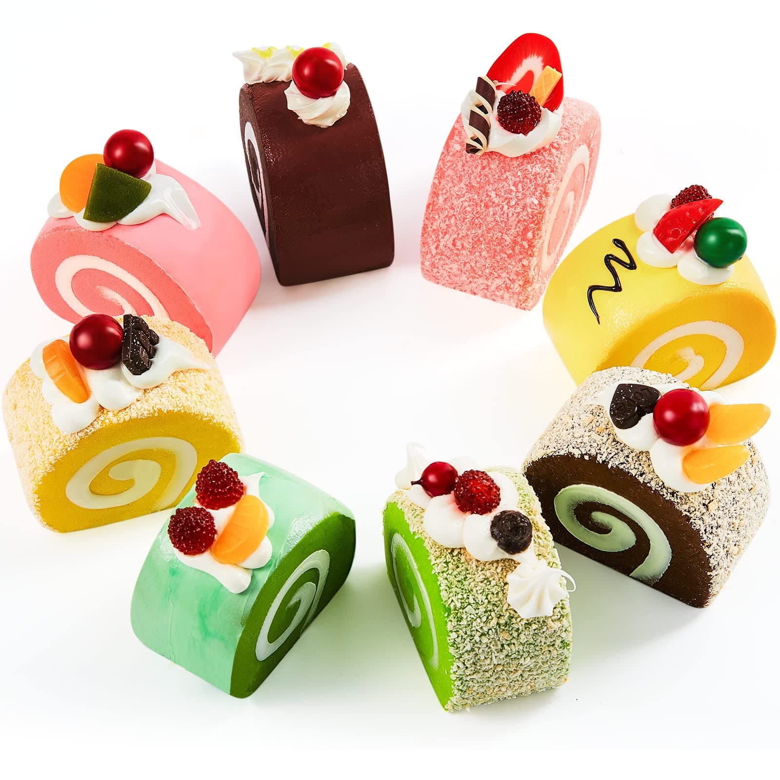 8 Pieces Realistic Artificial Simulation Cake Dessert Mixed Fake Cake Food Model Faux Swiss Rolls Decorative Artificial Cake Artificial Food for Display Kitchen Decoration Photography Props, 4 Colors