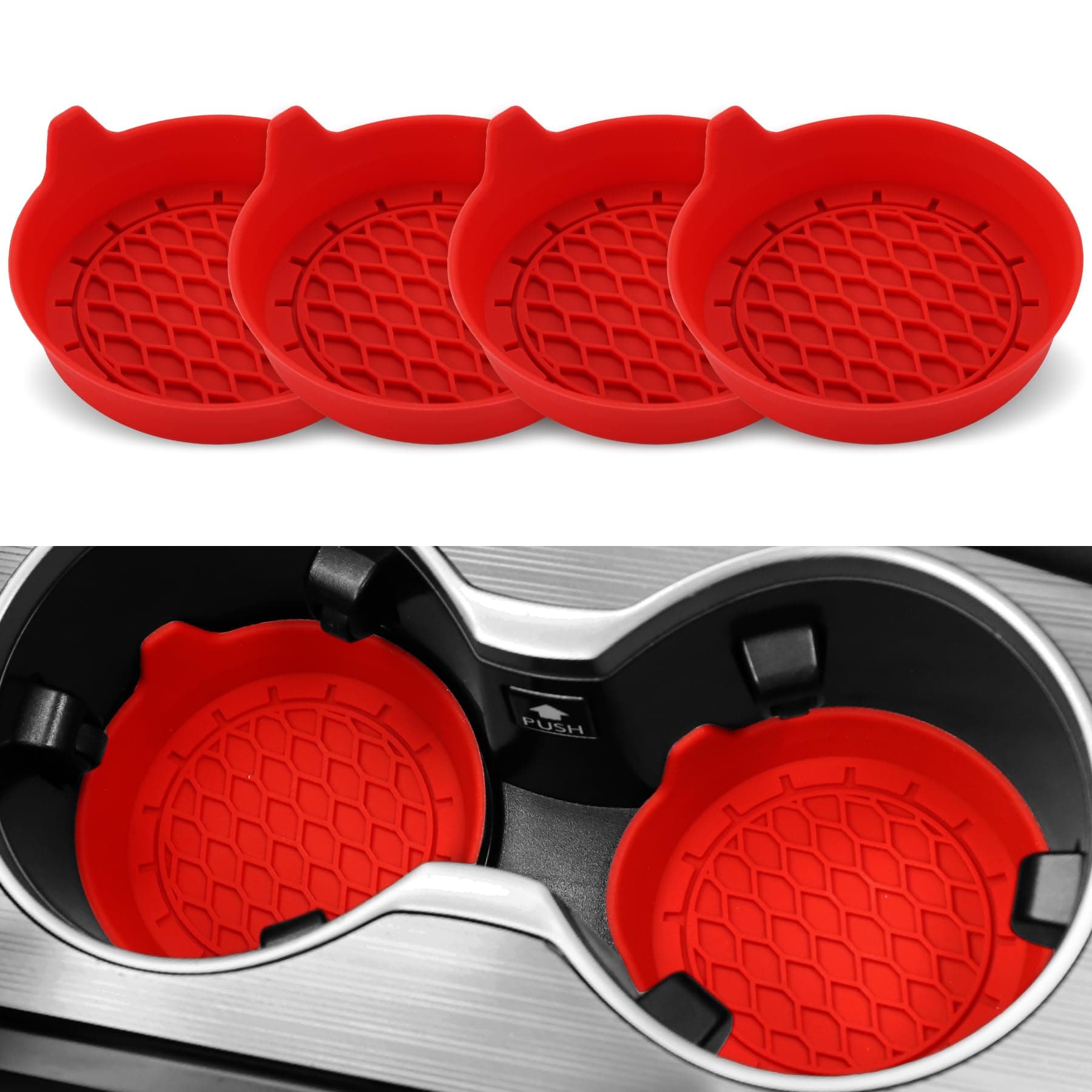 SINGARO Car Cup Holder Coasters, Silicone Cup Holder Insert, Universal Non-Slip Cup Holders, Car Accessories Interior for Men and Women, 4 Pack, Red