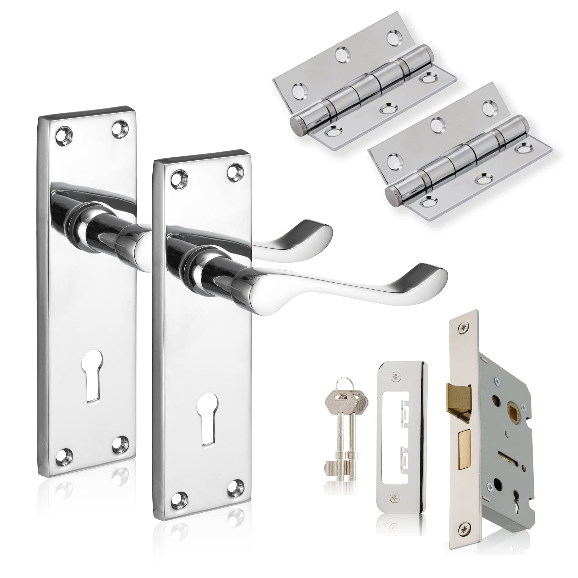 Chrome Elegance Range Polished Chrome Victorian Lever Lock Pack, Complete Set with Lock Door Handles, 65mm Sashlock and 75mm Ball Bearing Hinges, for Internal Wooden Doors