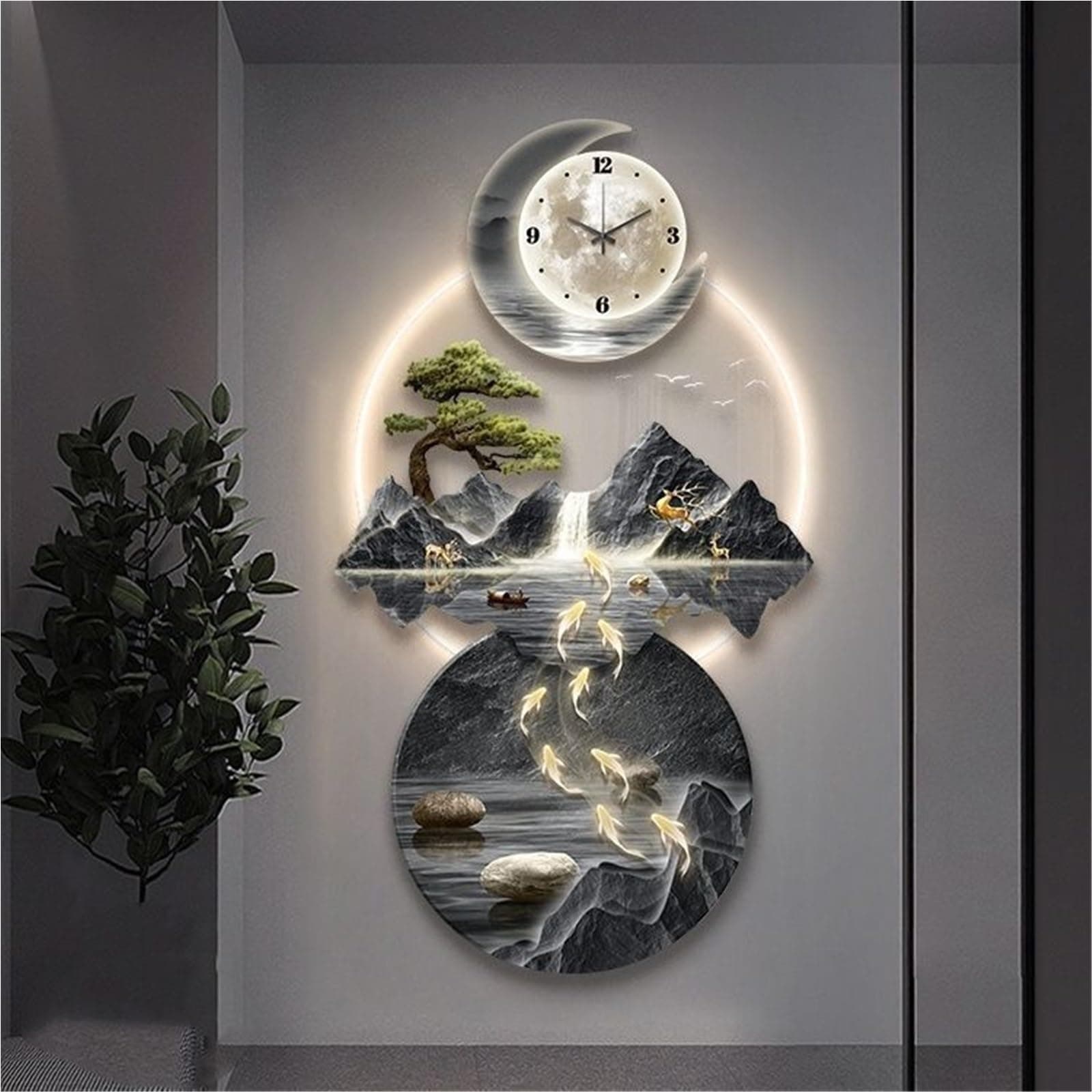 Modern 3D Wall Art Sculpture with LED Light, Plug-in Clock Home Decor, UV Engraved Wall Hanging for Bedroom, Living Room, Apartment(F,23.6"x47.2")