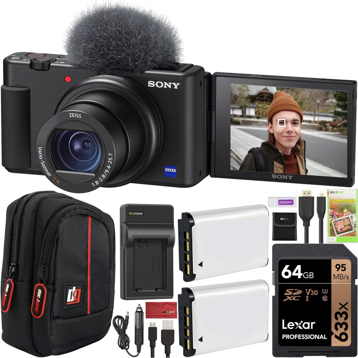 ZV-1 Compact Digital Vlogging 4K HDR Video Camera for Content Creators & Vloggers DCZV1/B | Official Sony USA Partner Model | Bundle with Deco Gear Case + Double Battery + 64GB Card + Charger