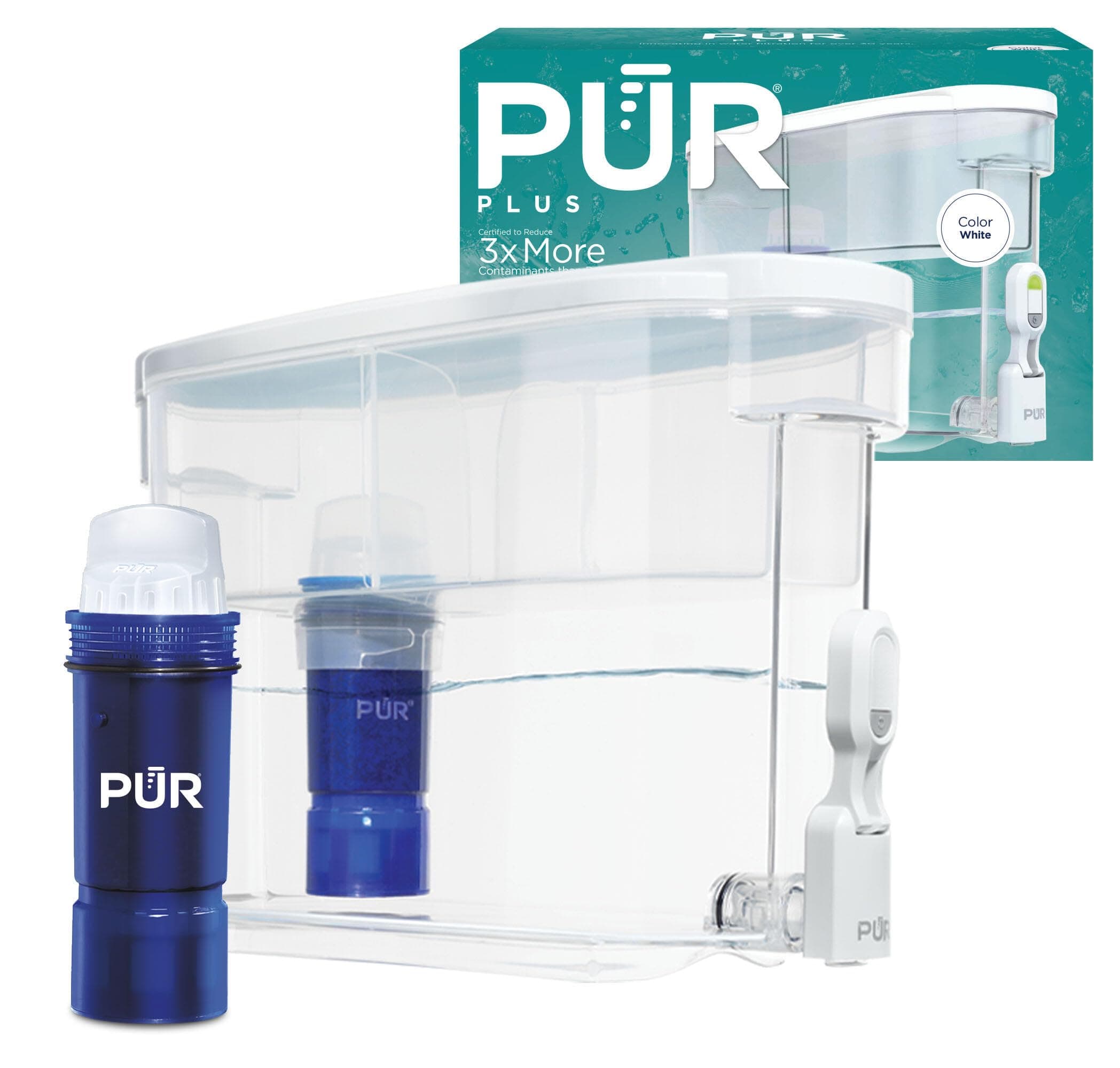 PLUS 30-Cup Water Filter Dispenser with 1 Lead-Reducing PUR PLUS Filter, Dishwasher Safe, Powerful Filtration, Large Capacity with Slim, Space-Saving Design, White (DS1811Z)