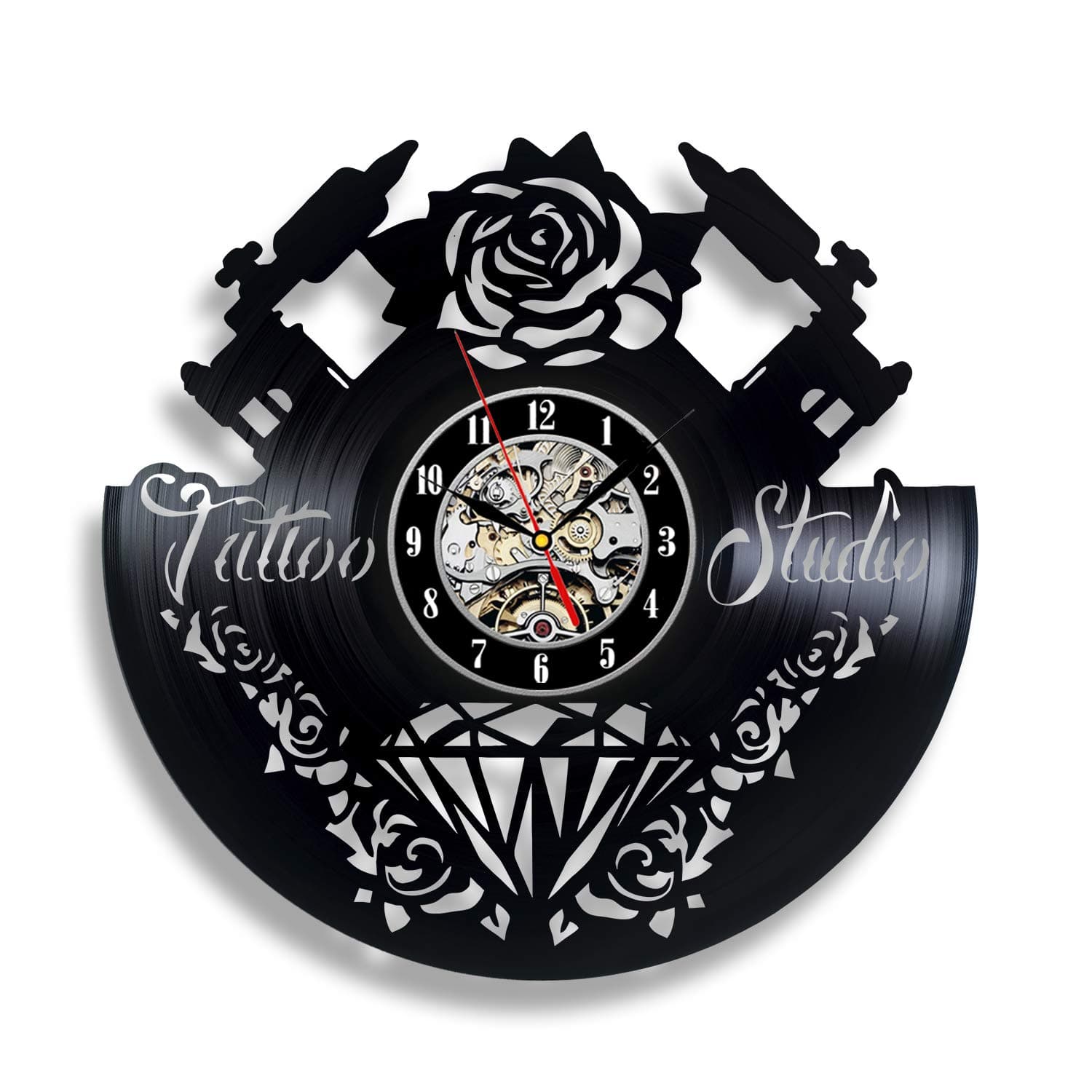 Handmade Solutions EU Tattoo Studio Logo Sign - 12" Vinyl Record Wall Clock - Vintage Rose and Jewel Decor