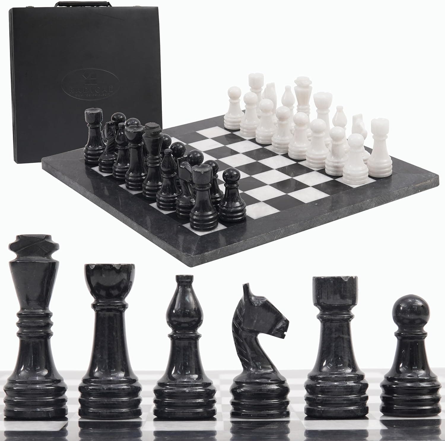 Radicaln Handmade Black & White Marble Chess Set 15 Inch with Storage Box | Luxury Chess Board & Pieces for Adults and Gifts