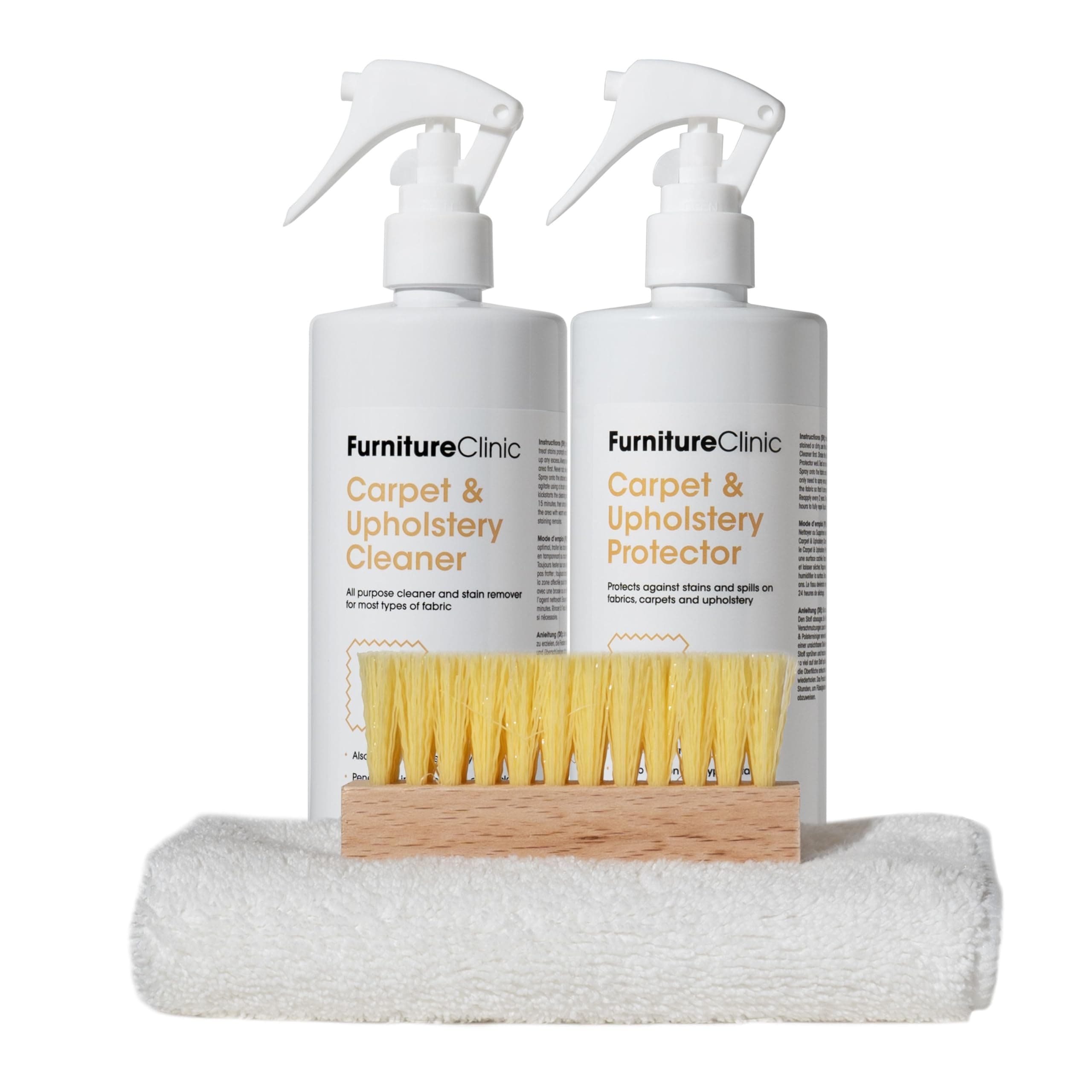 Fabric Care Kit | Includes: 500ml Cleaner, 500ml Protector, Microfibre Cloth & Cleaning Brush for Use on Clothing, Carpet, Upholstery | Works on All Fabric Types