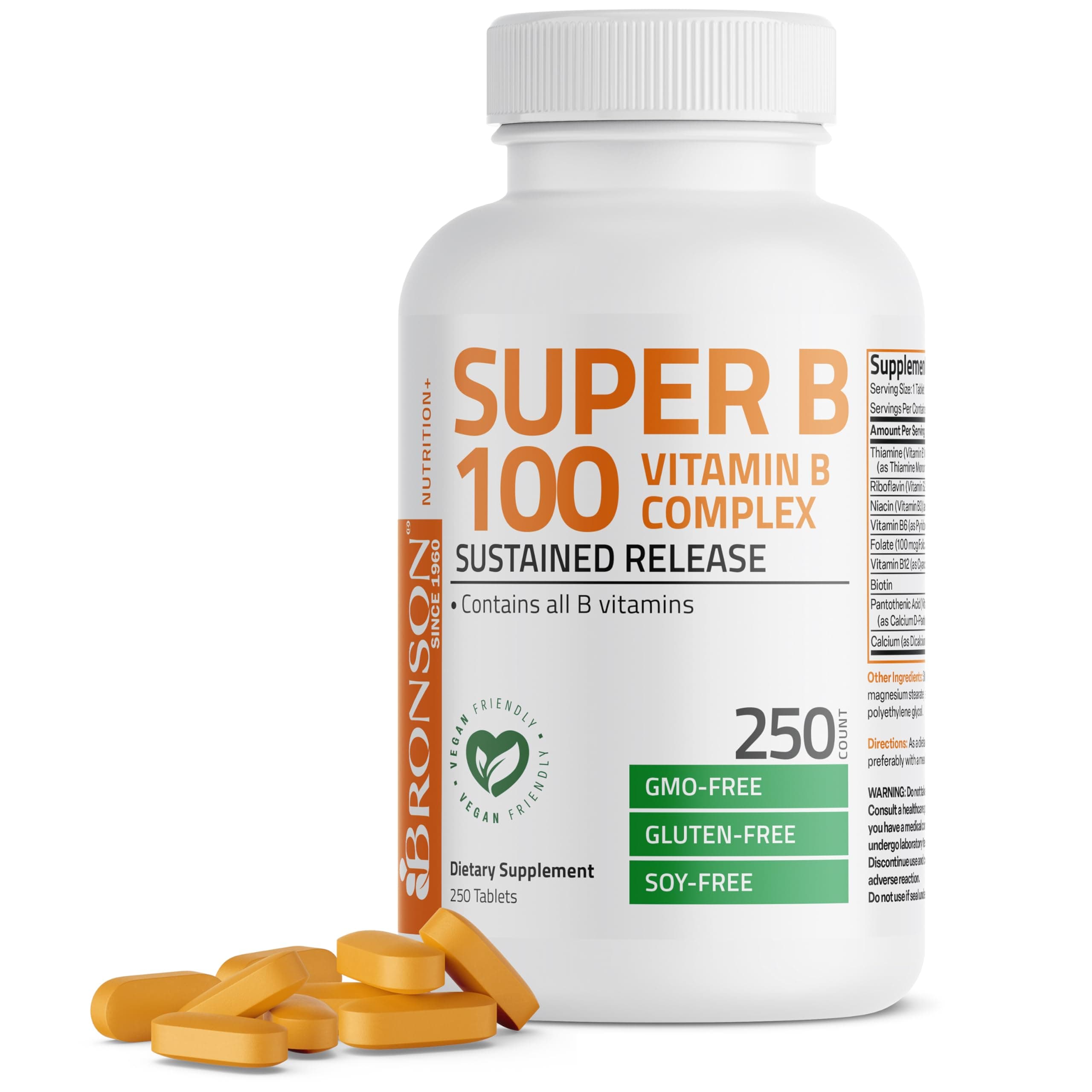 Vitamin B 100 Complex High Potency Sustained Release (Vitamin B1, B2, B3, B6, B9 - Folic Acid, B12), 250 Tablets