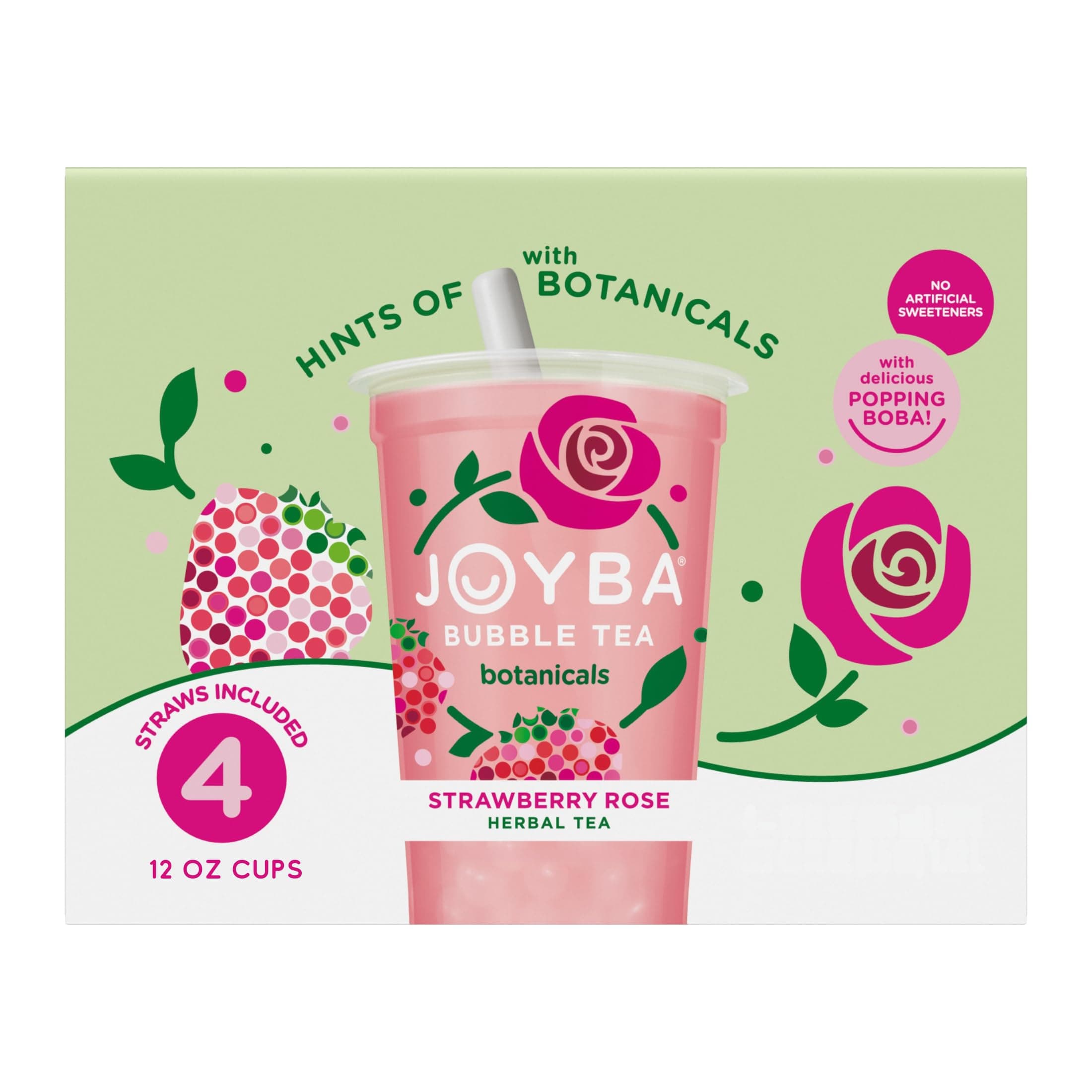 JOYBA Strawberry Rose Bubble Tea with Botanicals, 4 Pack, 12 fl. oz. Cups
