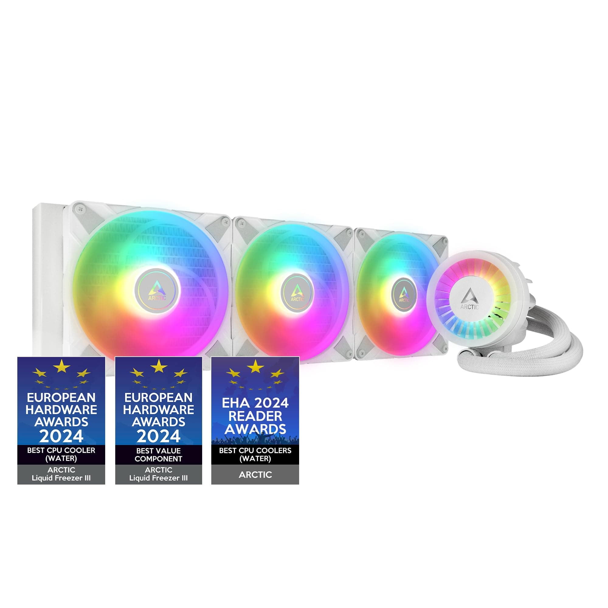 ARCTIC Liquid Freezer III 420 A-RGB - CPU AIO Water Cooler, Water Cooling PC, Intel & AMD, Efficient PWM-Controlled Pump, Fan: 200–1900 RPM, LGA1851 and LGA1700 Contact Frame - White