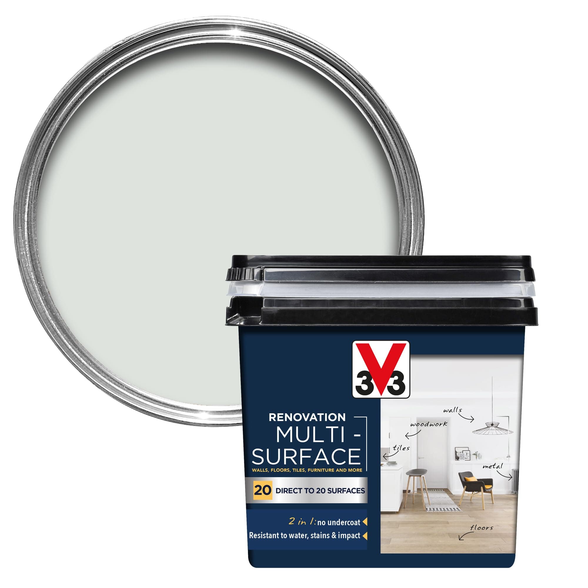 V33 Renovation Multi-Surface Paint - No Undercoat Needed - Over 20 Surfaces - Resistance To Water Stains & Impact - High Coverage - Porcelain Grey Satin 750ml
