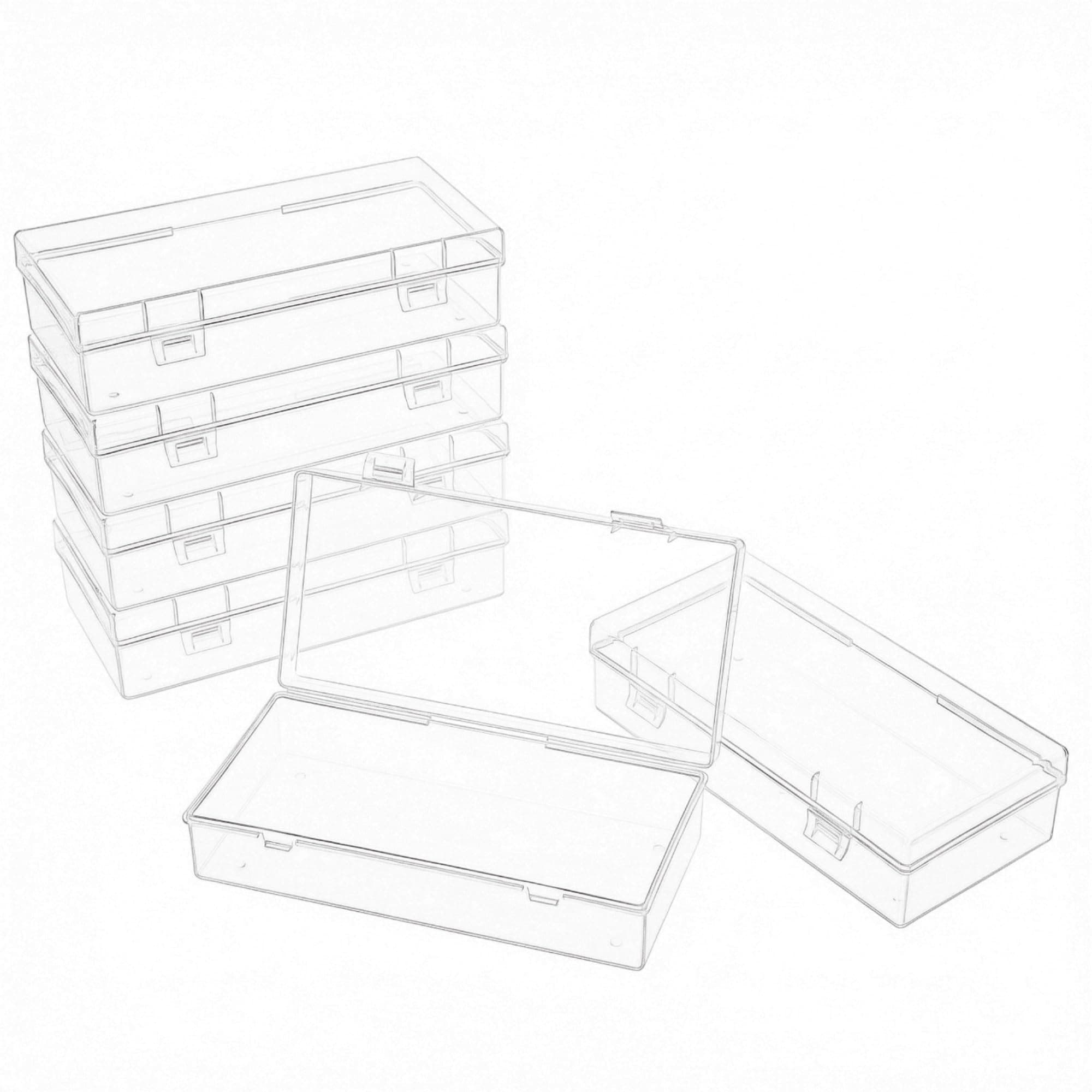 LJY 6 Pack White Transparent Mini Plastic Box with Hinged Lid 18.5 x 9 x 4.5 cm – Rectangular Small Storage Boxes for Beads, DIY Craft Storage, Hardware and Cassette Tape Storage