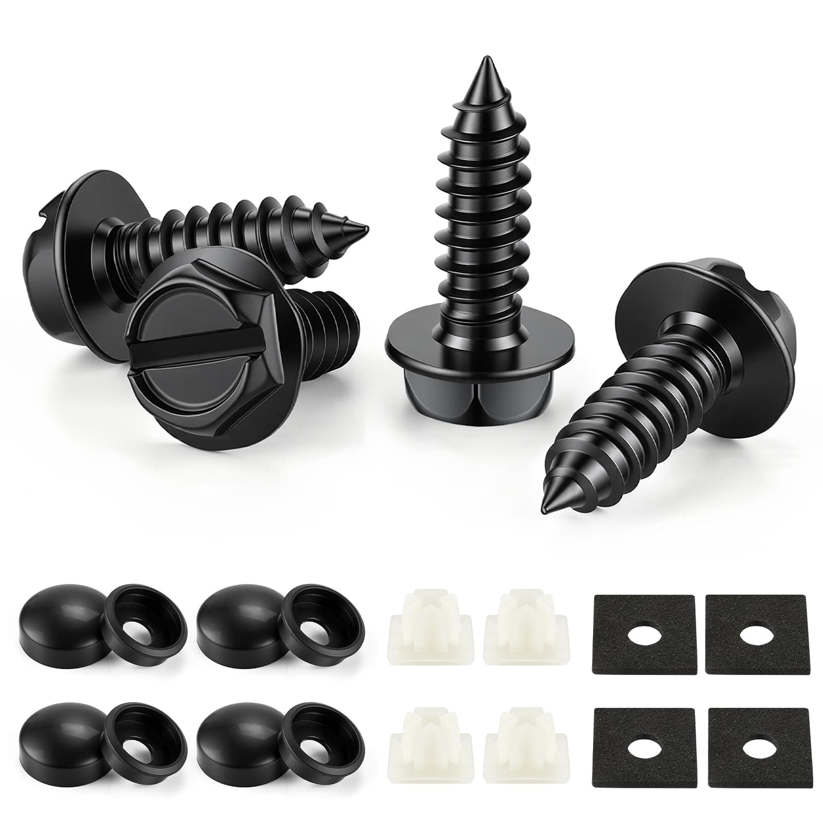 LivTee Rustproof License Plate Screws for Securing License Plates Frames and Covers on Cars and Trucks, 4 Sets Premium Stainless Steel Self Tapping Mounting Bolts (Black Zinc Plated)