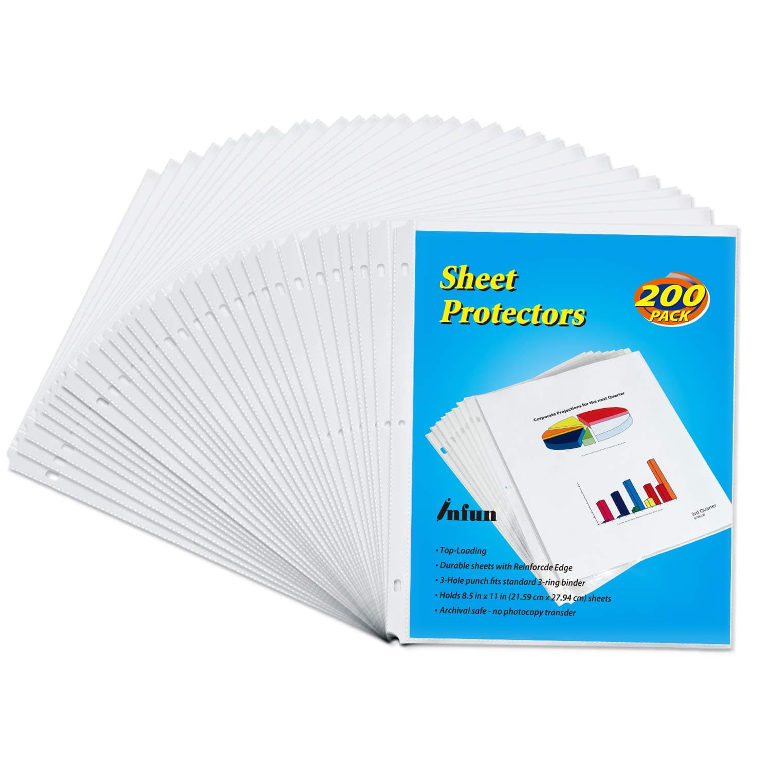 INFUN Sheet Protectors 8.5 x 11, 200 Clear Plastic Page Protectors, Reinforced 3 Hole Paper Protector Sleeves,Top Load for 8.5 x 11 Inch