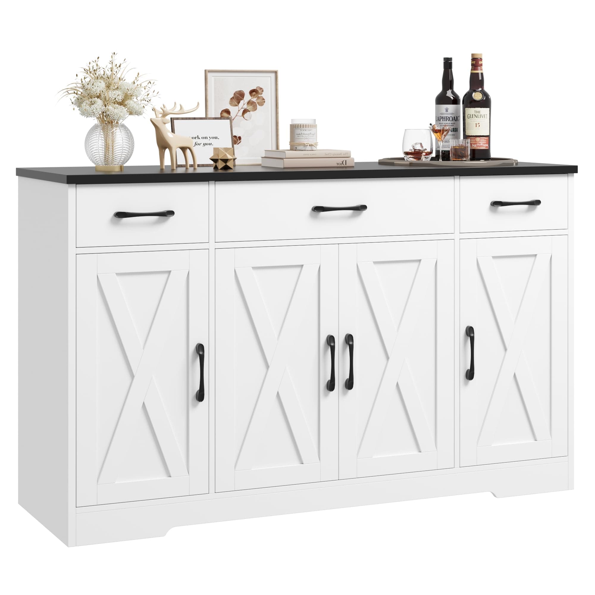HOSTACK Buffet Sideboard Cabinet with Drawers, 55" Large Buffet Storage Cabinet with Shelves and Doors, Modern Farmhouse Coffee Bar Station Wood Kitchen Table for Kitchen, Dining Room, White/Black