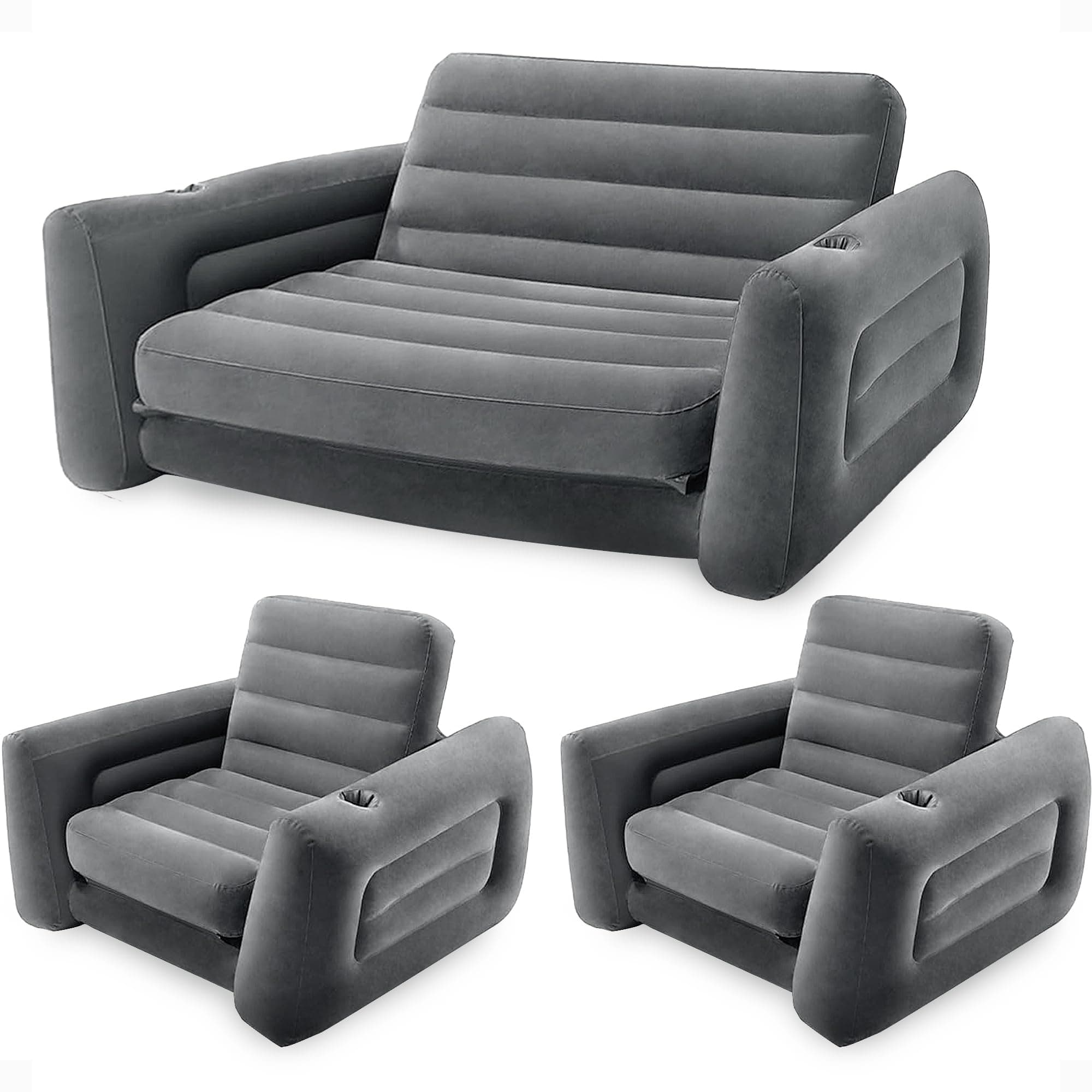 Intex Inflatable Furniture Set with Queen Sized Pull-Out Sofa Bed and 2 Sofa Sleepers, Gray - Air Mattress, Portable Couch, Lounge Chairs, Guest Beds