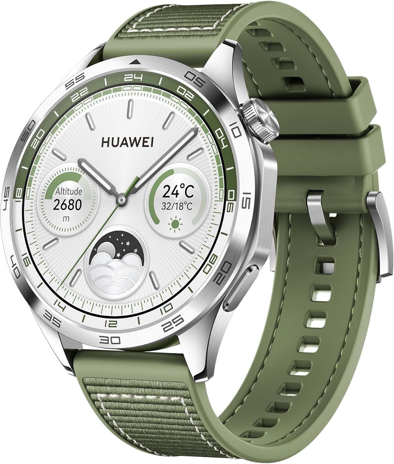 Watch GT 4 46 mm, GPS, iOS & Android, Stainless Steel Case, Smartwatch, Up to 2 Weeks Battery Life, Calorie Management, Professional Health Management, SpO2, Green Fluoroelastomer Strap