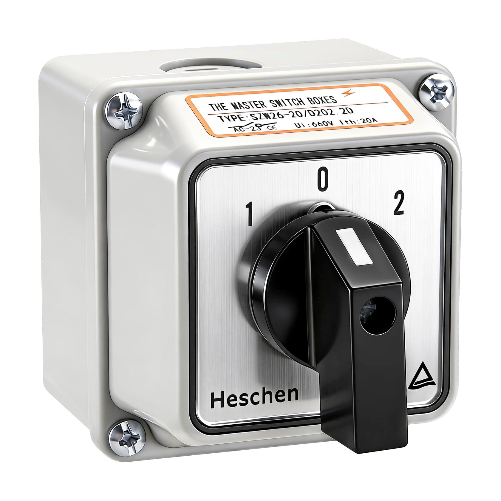 Heschen Universal Rotary Cam Selector Changeover Switch, SZW26-20/D202.2D, 660V 20A, ON-Off-ON, 3 Position 2 Phase 8 Terminals, with Master Switch Exterior Box,TUV(Standard Box)