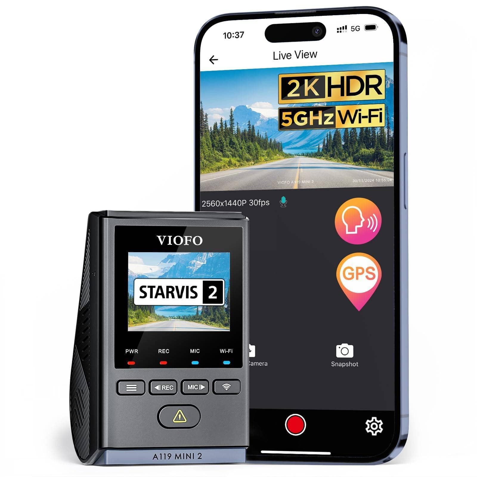 Dash Cam A119 Mini 2, STARVIS 2 Sensor, 2K 60fps/HDR 30fps Voice Control Car Dash Camera with 5GHz Wi-Fi GPS, Night Vision 2.0, 24H Parking Mode, Supercapacitor, Support 512GB Max