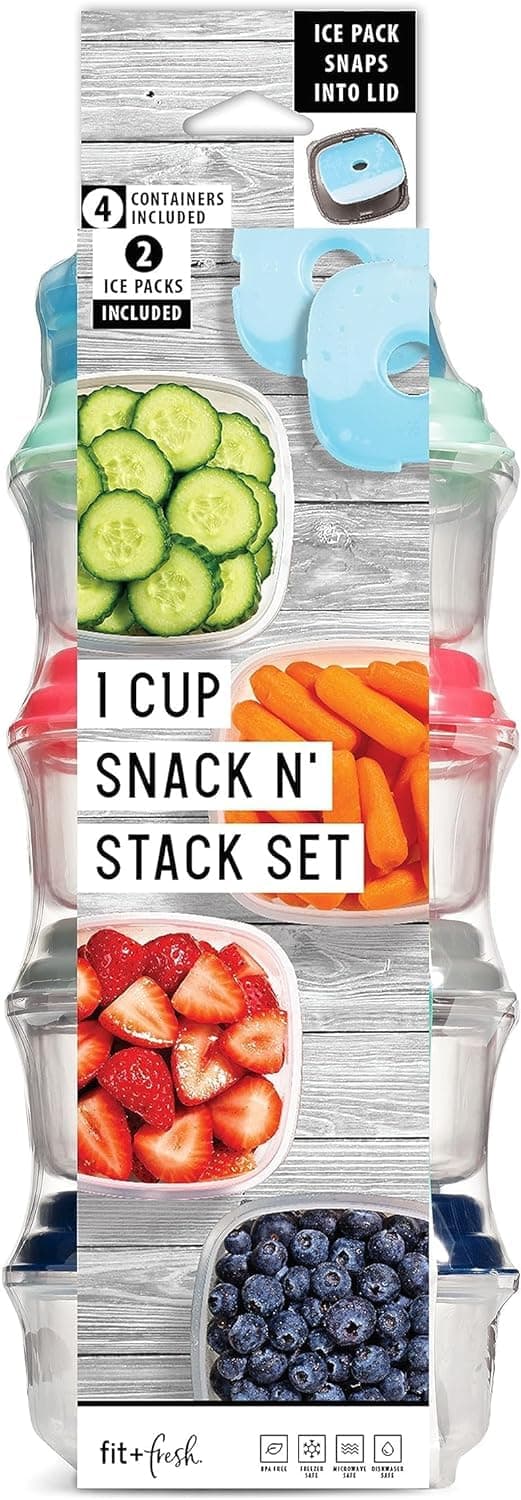 Fit & Fresh Small Plastic Containers With Lids 8 oz, Small Snack Containers With Lids For Adults and Kids, Reusable Leakproof Dressing and Condiment Containers With Two Attachable Ice Packs, 4PK,