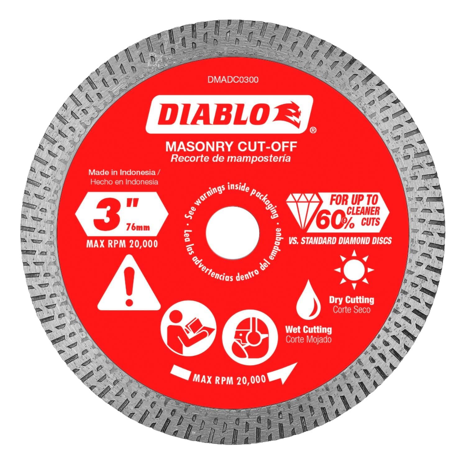Diablo Diamond Continuous Rim Masonry Cuf-Off Disc - Ideal Use for Granite, Marble, Porcelain and Tile - 3 in Diameter, 3/8 in Arbor, 1/41 Hub Type - DMADC0300