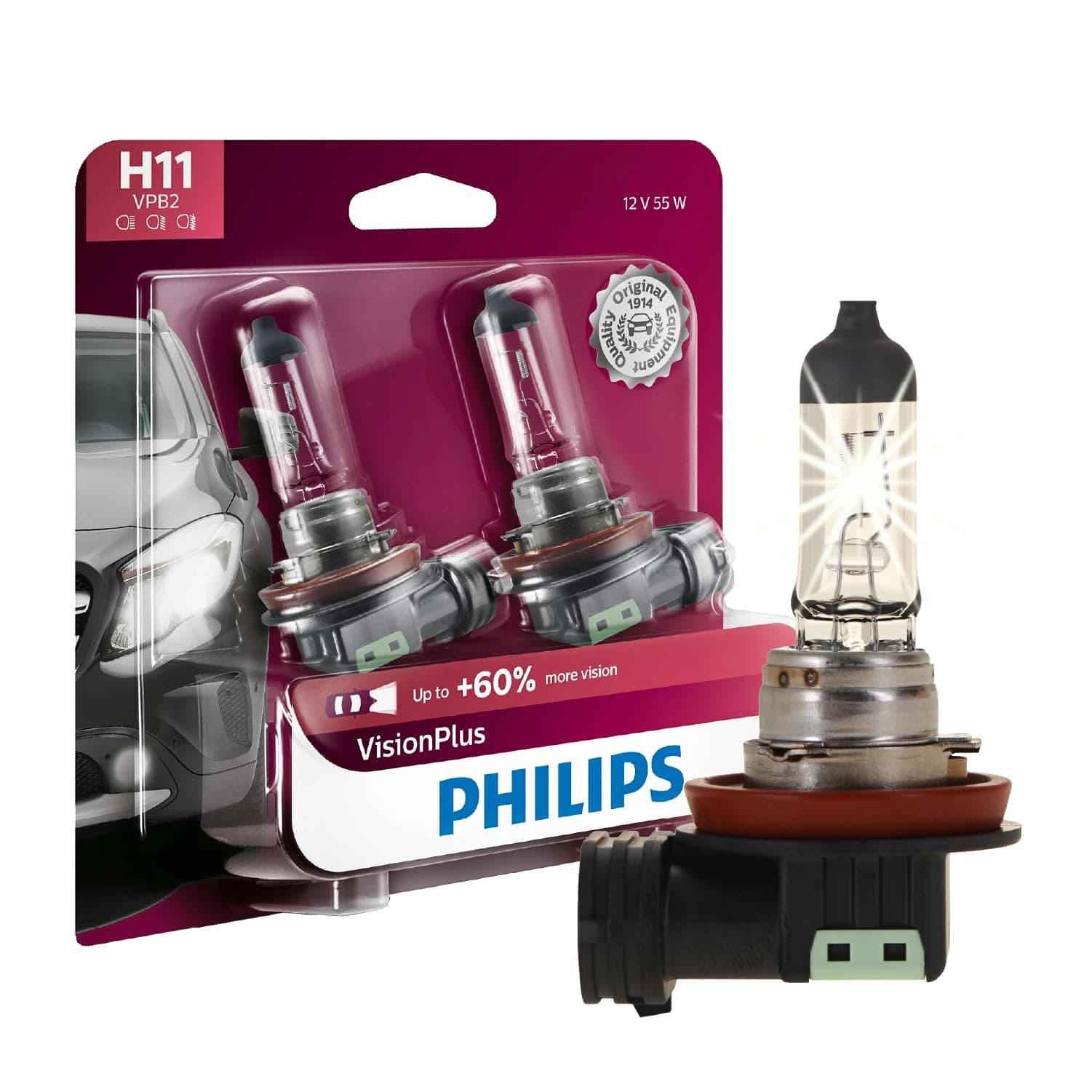 H11 VisionPlus Upgrade Headlight Bulb with up to 60% More Vision, 2 Count (Pack of 1)