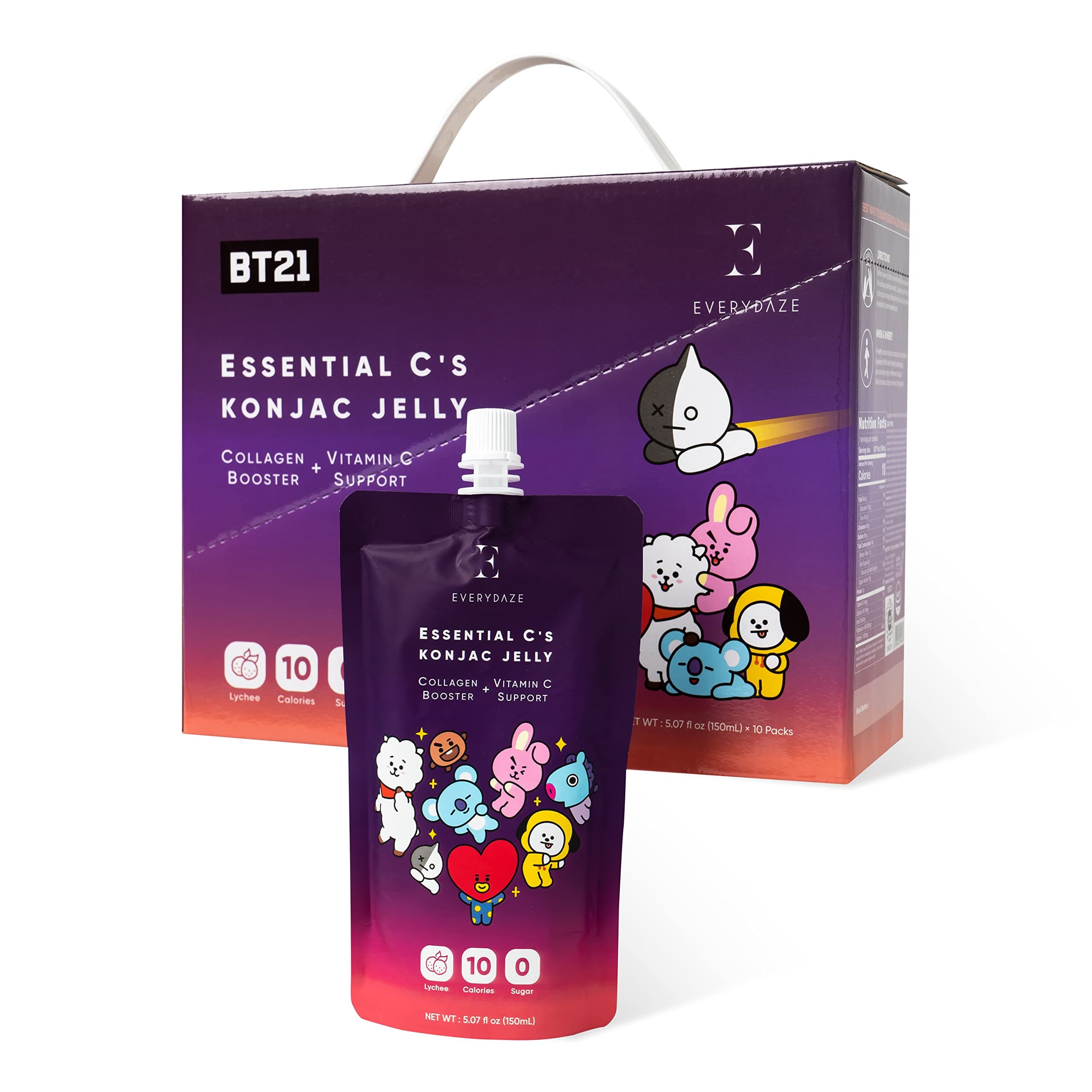 E EVERYDAZE BT21 Essential C’s Collagen + Vitamin C Konjac Jelly | Vegan, 10 Calories, 0 Sugar | Lychee | 10 Packs | Healthy Diet Pouch Drinkable Snack Drink, Weight Management