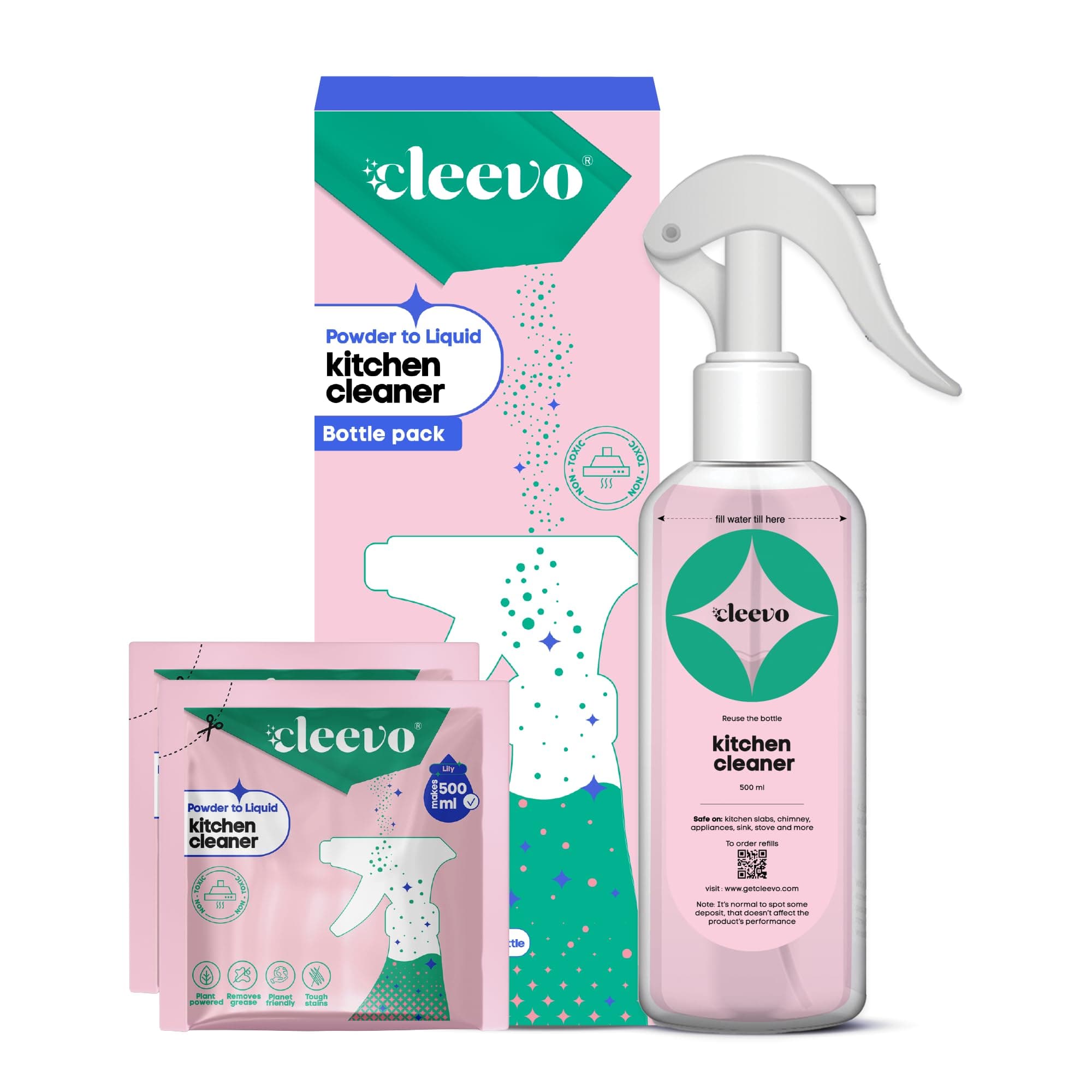 Cleevo Kitchen Cleaner Spray- 1L Bottle Pack | Natural Plant-Based Cleaning Spray for Tough Stains Gas Stove, Countertop, Chimney | Grease & Grime Remover | All-in-One Kitchen Surface Cleaner