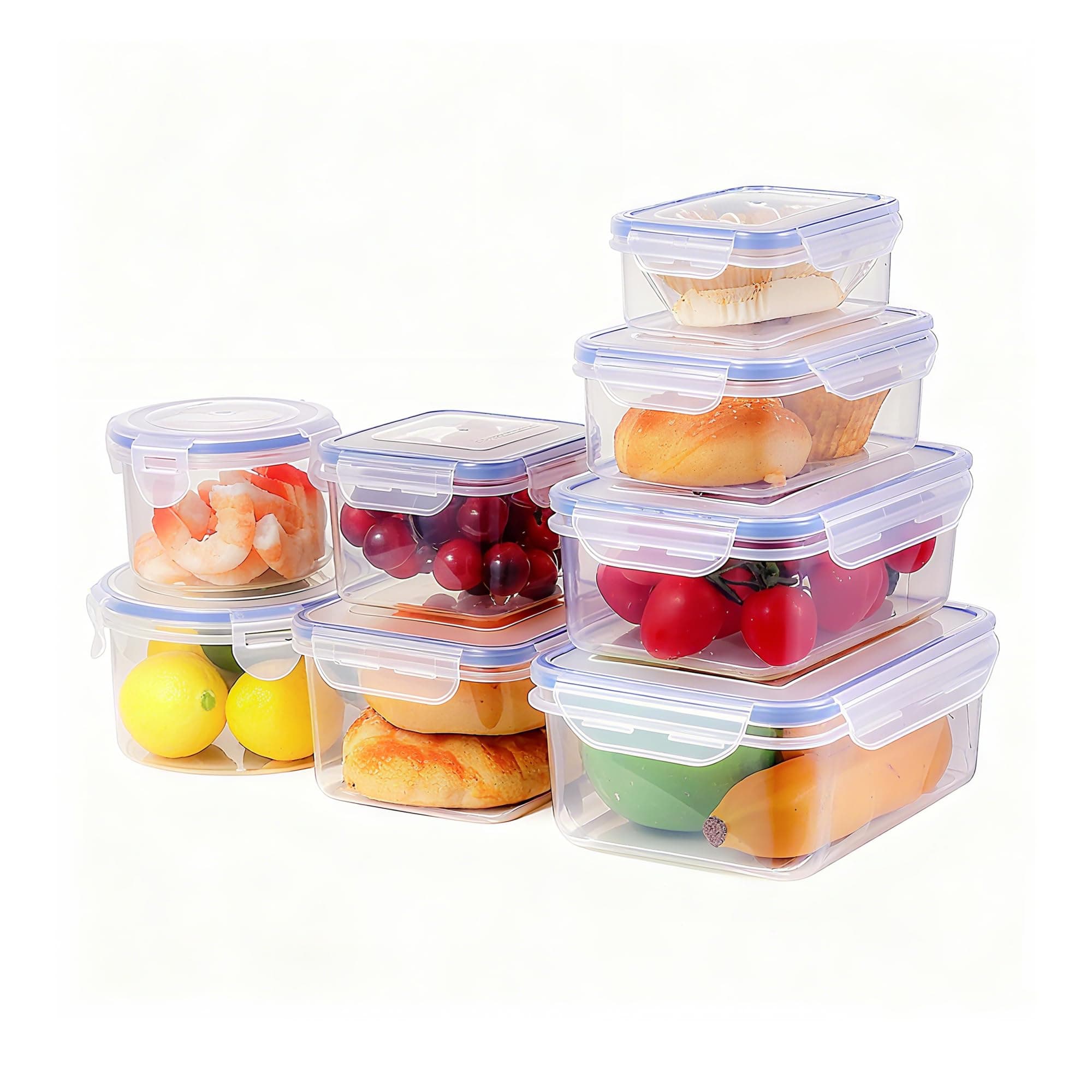 BARGAIN FACTORY Leak Proof Food Storage Containers 16PCS (8 Container + 8 Lids) Airtight Plastic Food Containers with Lids Pantry & Kitchen Containers, BPA Free Microwave & Freezer Safe, 250ML-1.6L