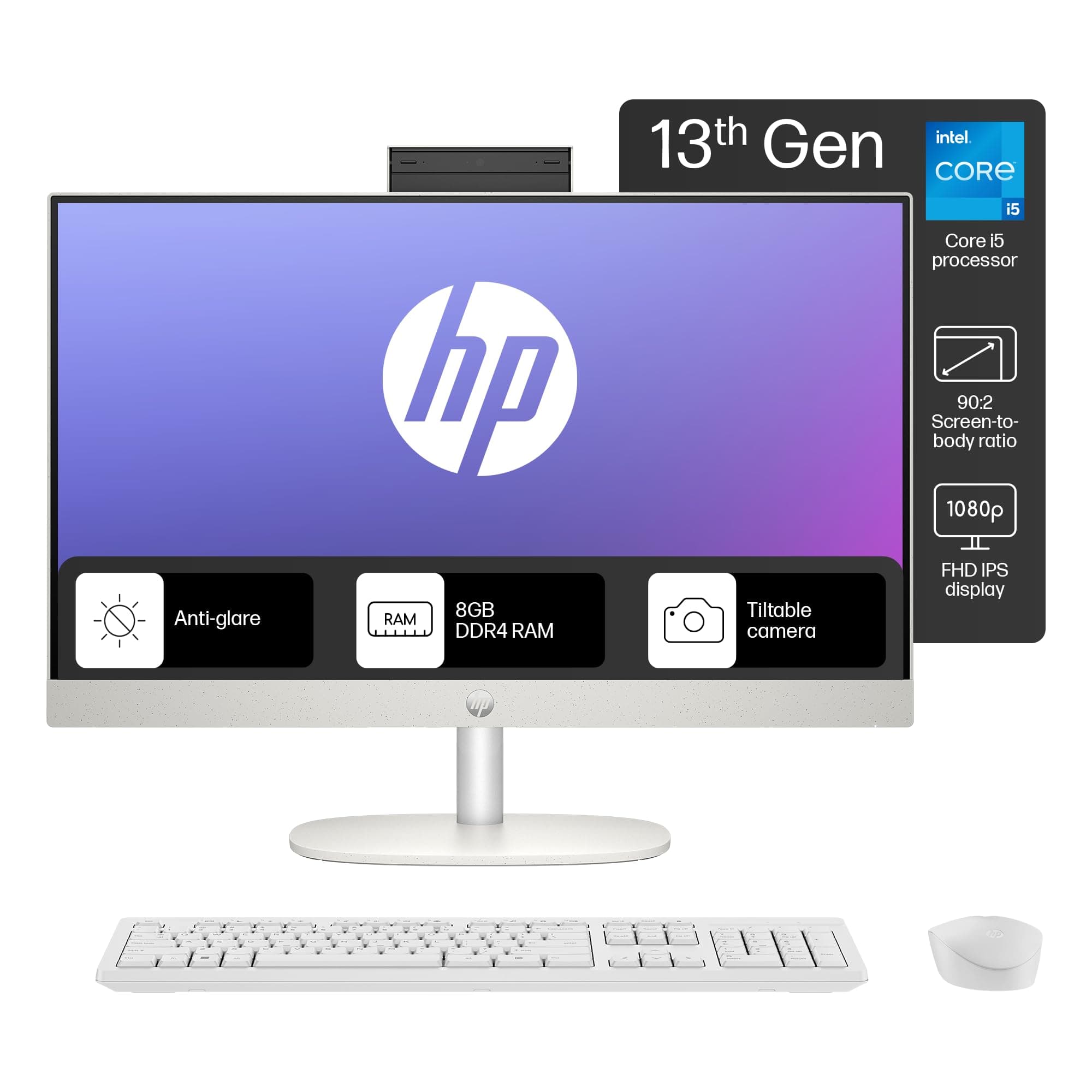 HP All in One 24,13th Gen Intel Core i5-1334U, (8GB DDR4,512GB SSD),Microsoft365* Office2024, Win 11 Home, 23.8inch(60.5cm) FHD,Three Sided Micro Edge,FHD Camera,5.27Kg, White, 24-cr0477in/cr0471in