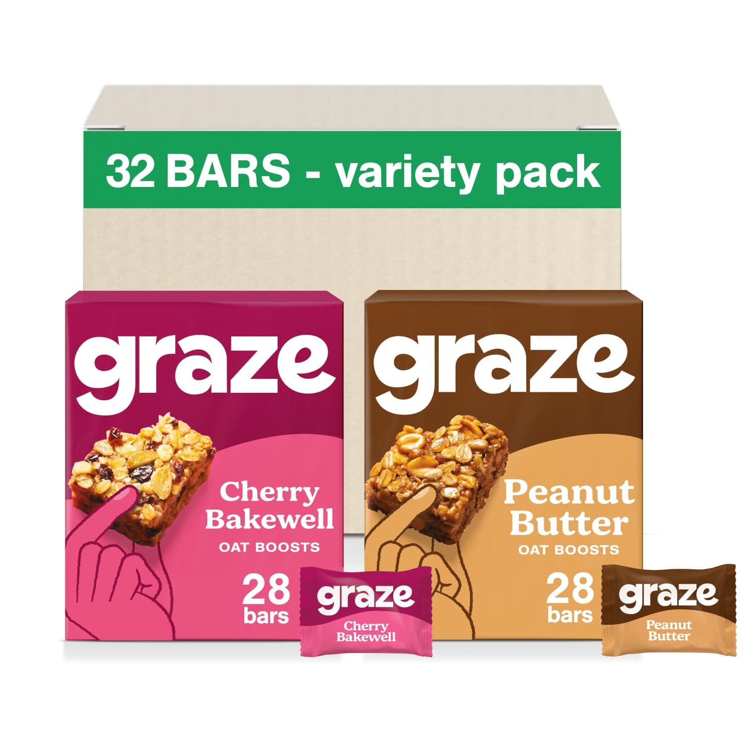 Graze - Cherry Bakewell & Peanut Butter Oat Boost Bars Snacks - Made With Whole Oats and Natural Flavours - 8x4 snack bars - Total of 32 snacks